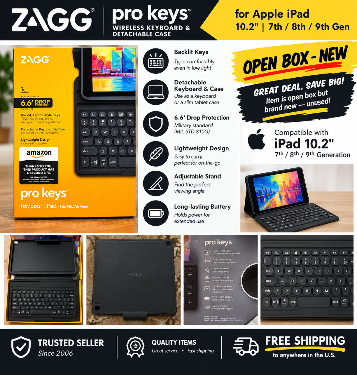 OPEN BOX-ZAGG Pro Keys Case & Wireless Keyboard for iPad 10.2" 7th, 8th & 9th