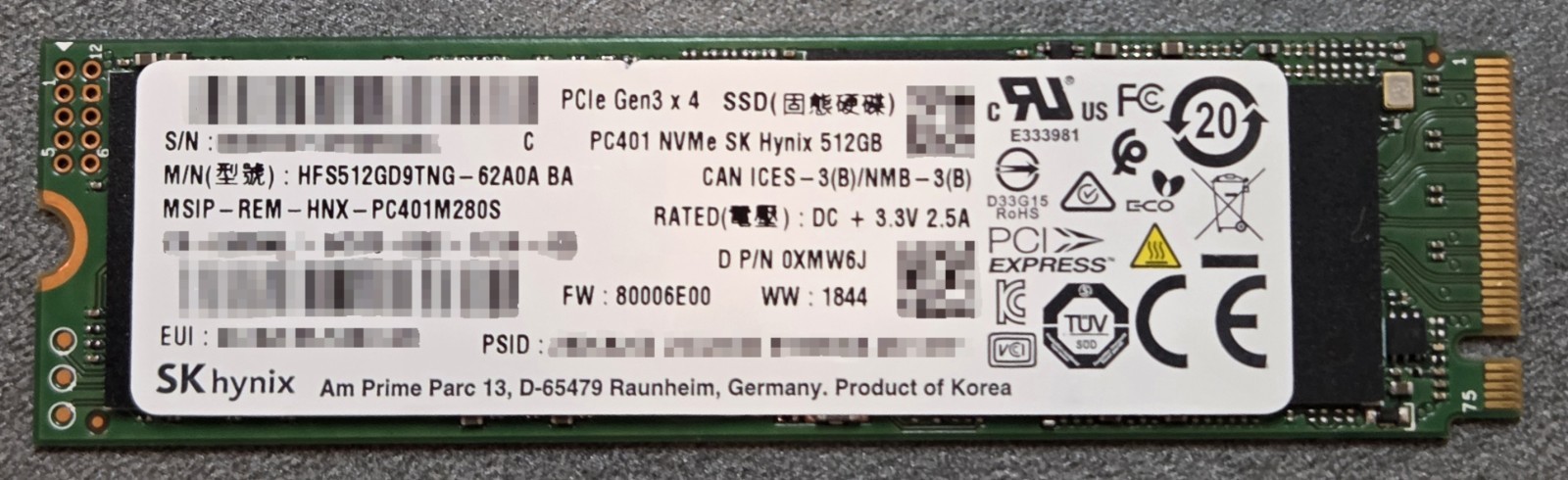 SK hynix PC401 512GB NVMe M.2 SSD PCIe Gen3 HFS512GD9TNG-62A0A Tested Good 98%