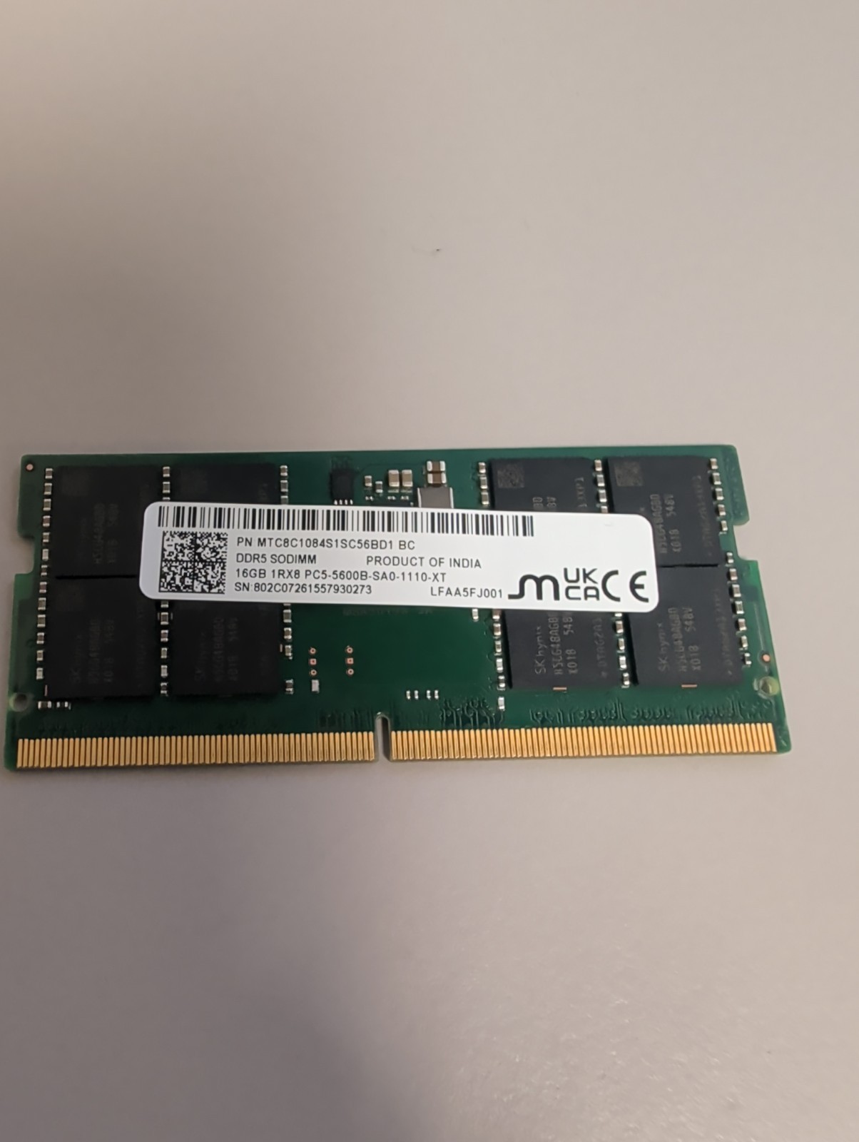 Micron 16GB DDR5 5600 MHz PC5 1Rx8 SODIMM Laptop Memory RAM MTC8C1084S1SC56BD1