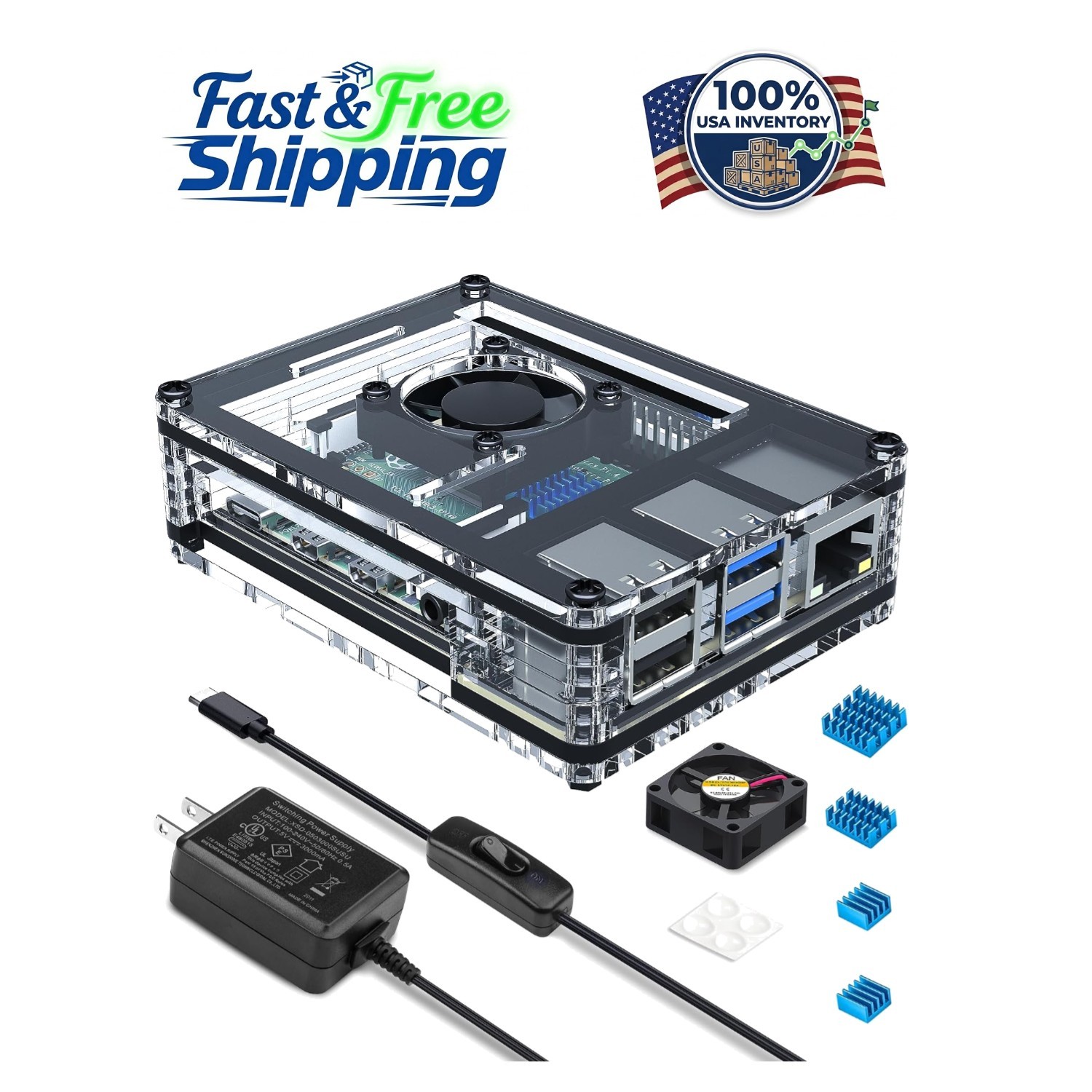 Elegant Clear Acrylic Case for Raspberry Pi 4 with Quiet Cooling Fan & Heatsinks
