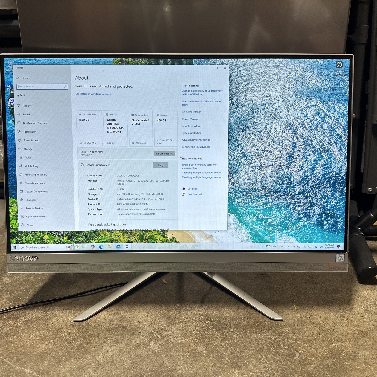 Lenovo IdeaCentre AIO 510S-23ISU Intel i5-6200U 2.30Ghz 8GB RAM  1TB SSD touch