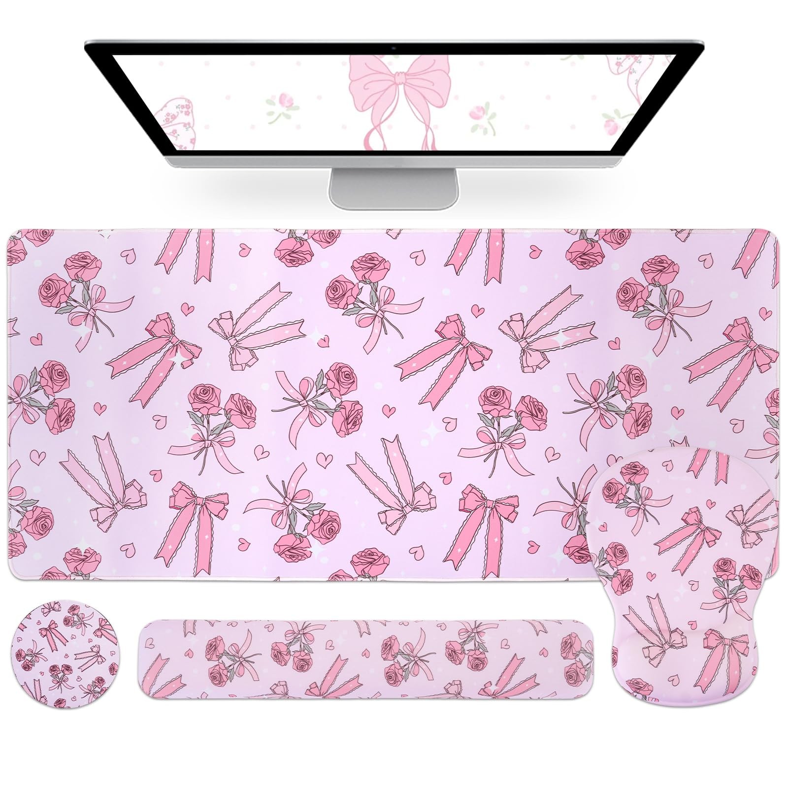 4-in-1 Wrist Rest Set with Desk Pad, Pink-Rose Bowknot