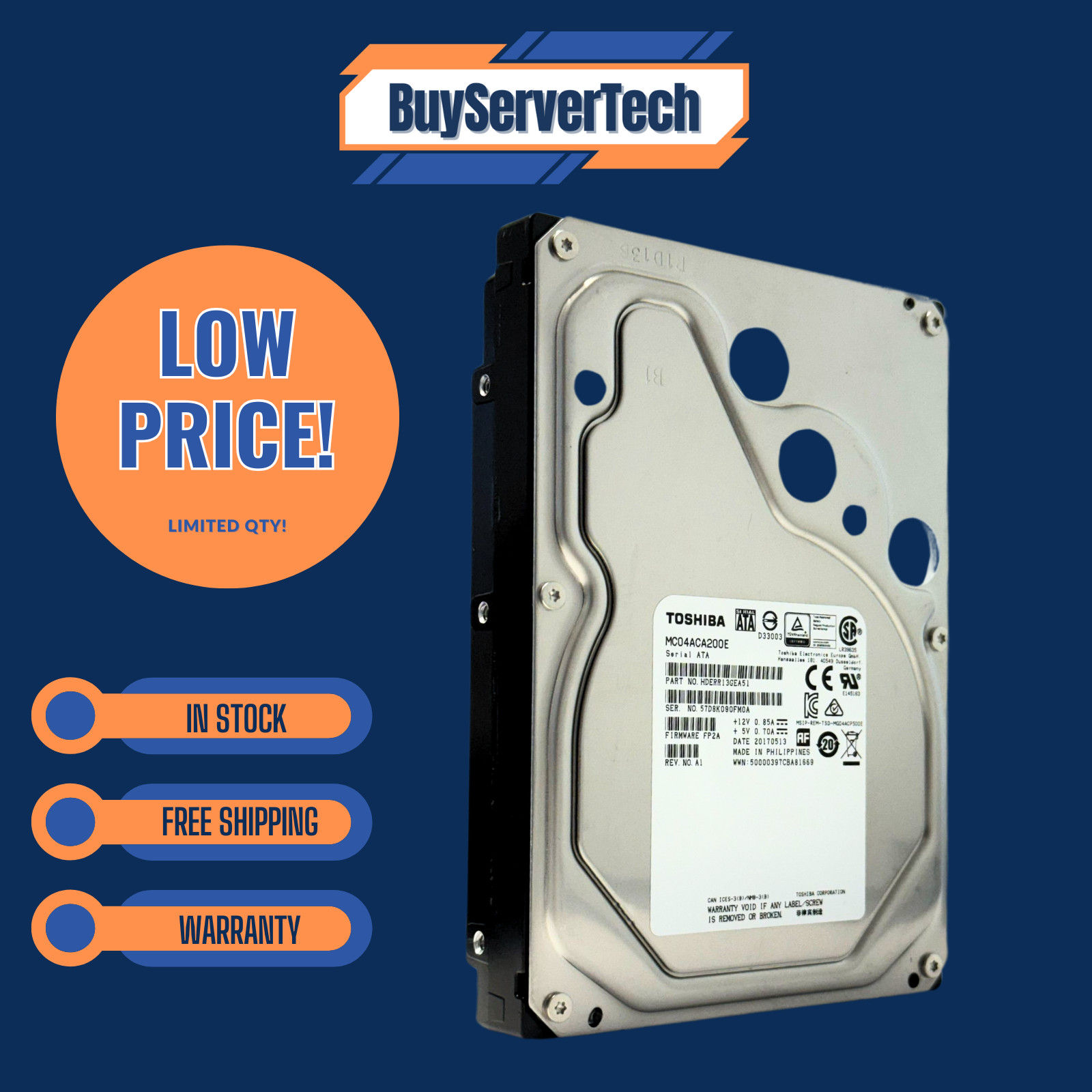 Toshiba MC04ACA 2TB 7200RPM 3.5" SATA 6Gb/s HDD MC04ACA200E 128MB 0HRS ENT