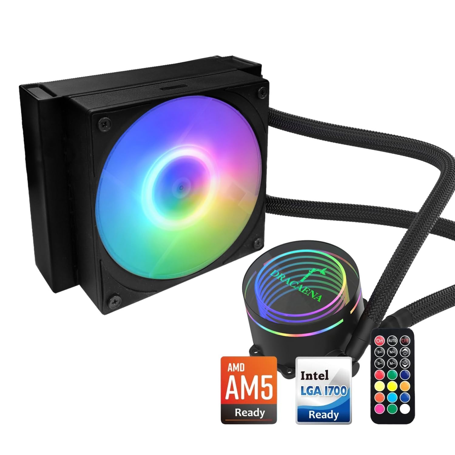 Dracaena.io 120mm AIO CPU Cooler - ARGB Remote Control, Quiet PWM ARGB Fan, H...