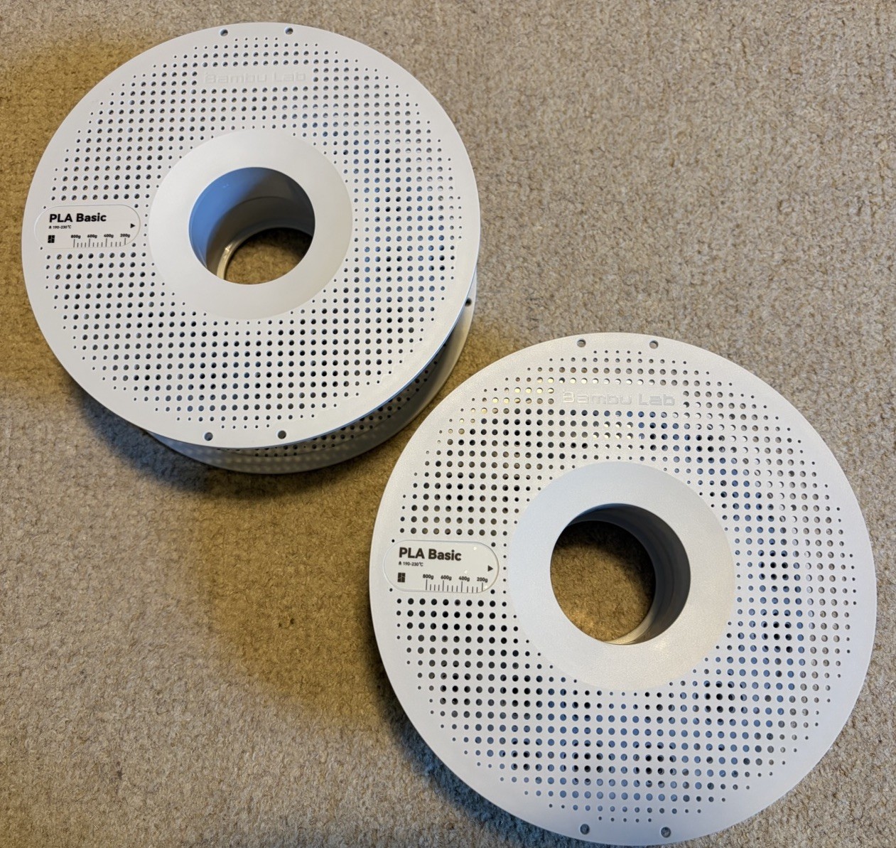 2 Pack of Bambu Labs Reusable Spools, Jade White and BlCk Used, Empty