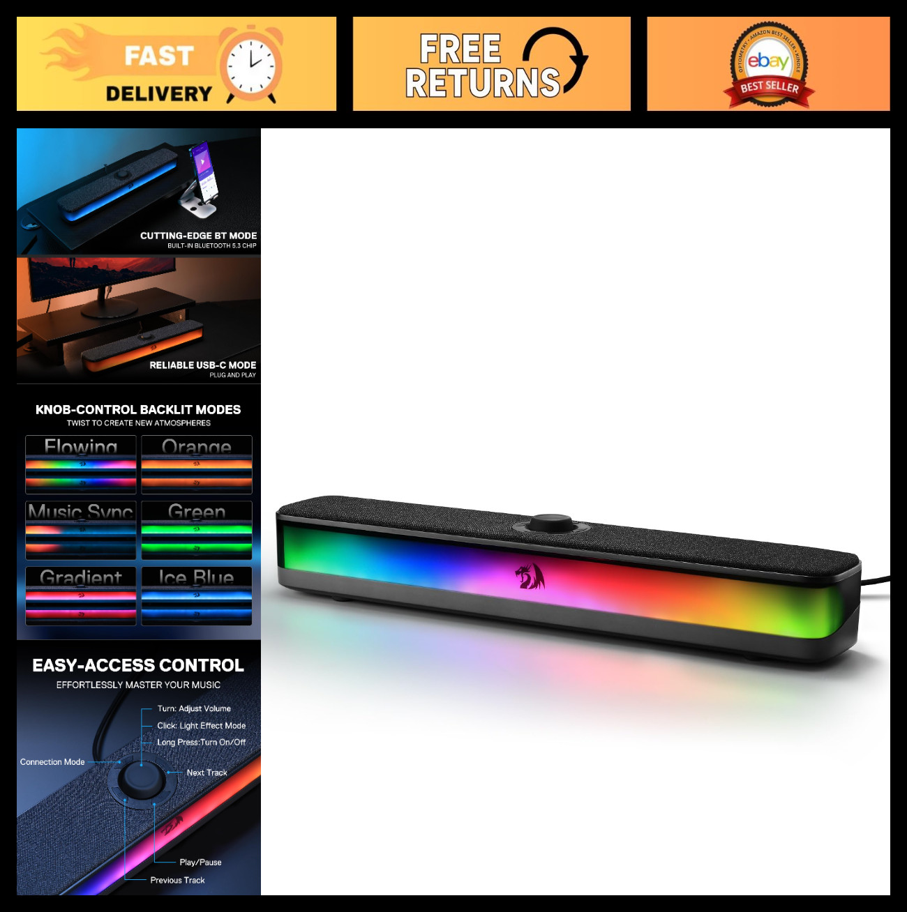 RGB Desktop Soundbar, 2.0 Channel Stereo Speakers, Bluetooth 5.3, USB-C Powered