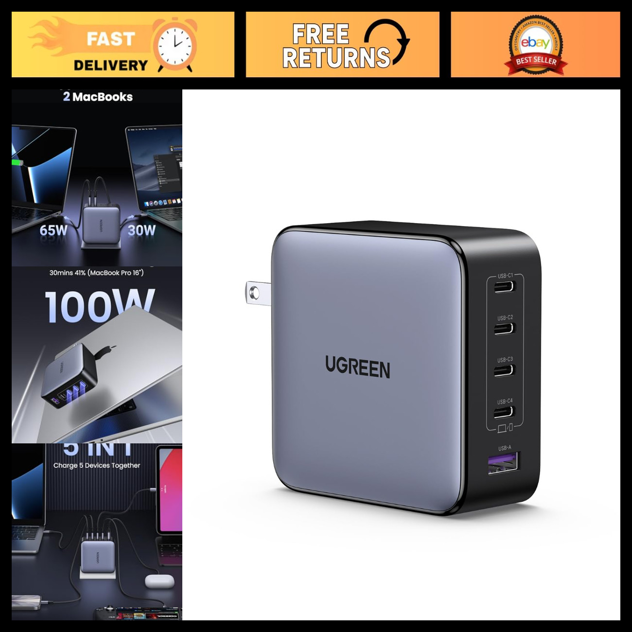 100W GaN USB C Laptop Charger - 5-Port Fast Charging Station, Compact Design