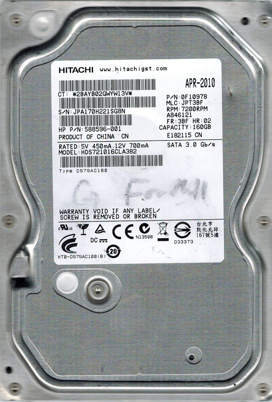 Hitachi HDS721016CLA382 P/N: 0F10978 MLC: JPT3BF 160GB