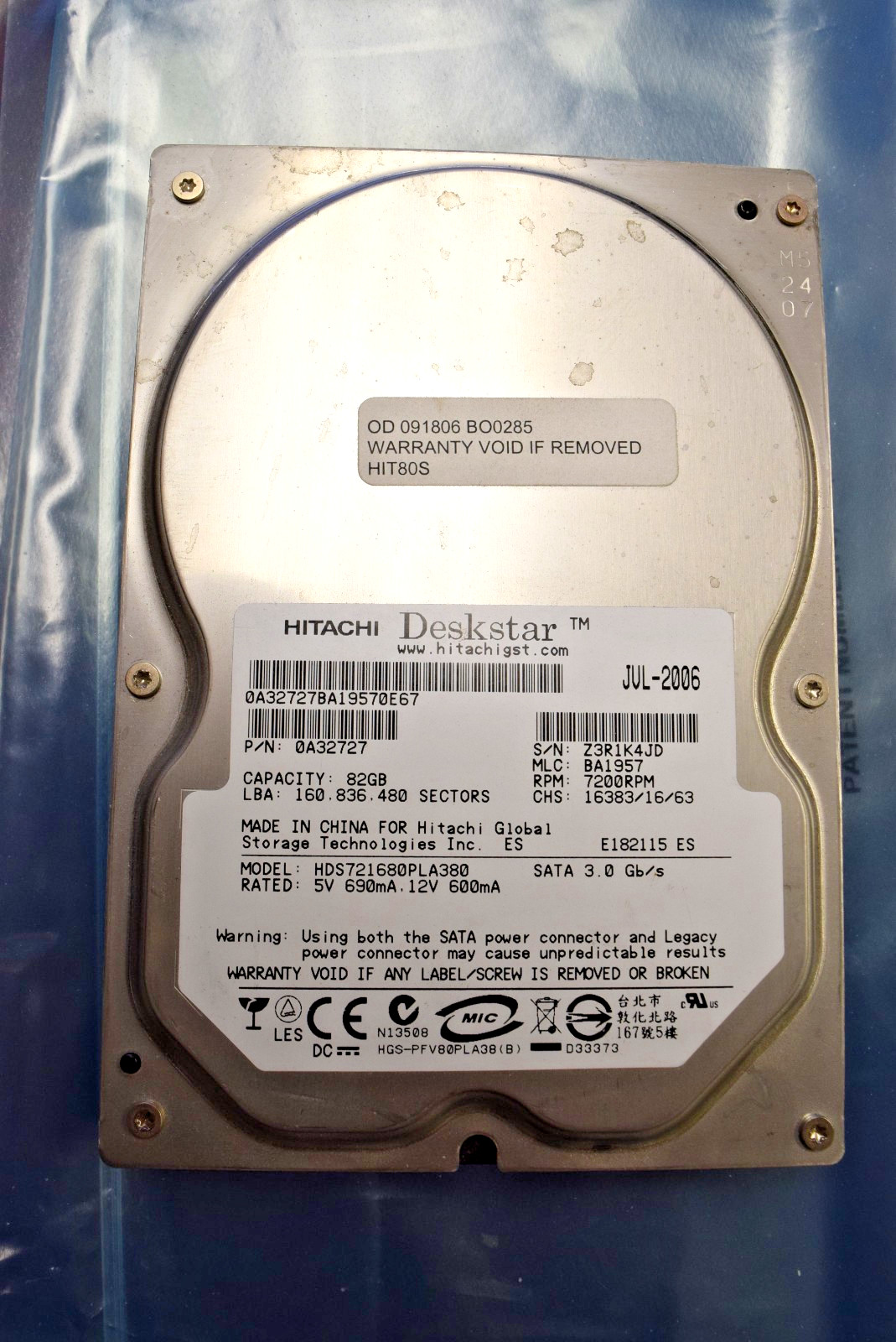 Hitachi 0A32727 HDS721680PLA380 SATA HDD Hard Drive 82GB - TESTED AND WIPED