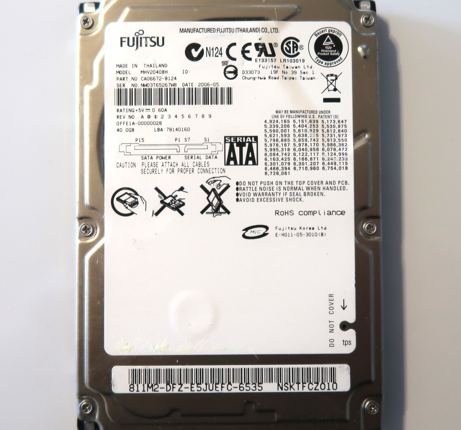 Fujitsu MHV2040BH CA06672-B124 0FFE1A-00000028 40gb Sata 2.5" HDD 2006-05