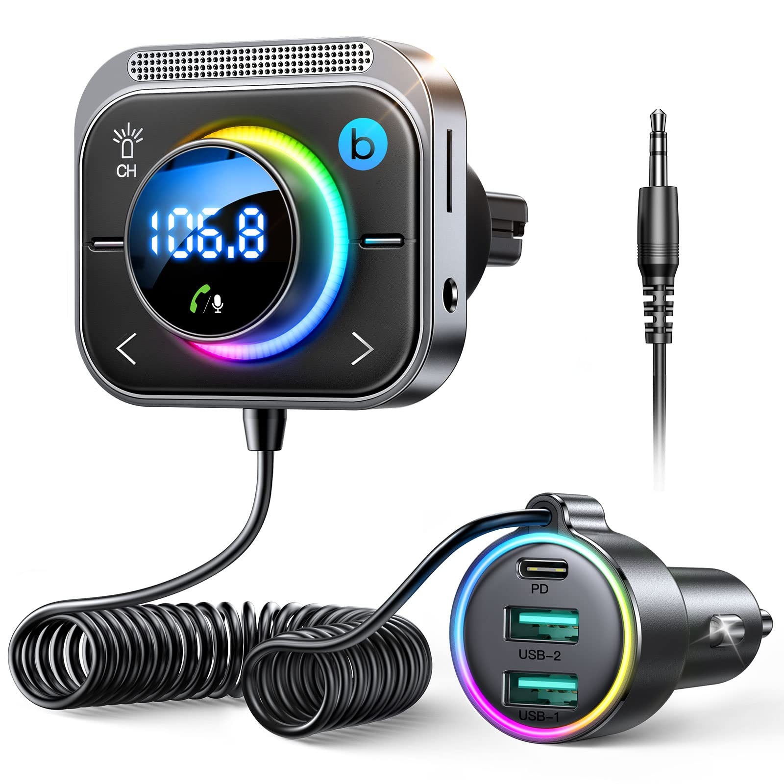 Bluetooth 6.0 Car Adapter FM & AUX HiFi Bass 96W Fast Charging