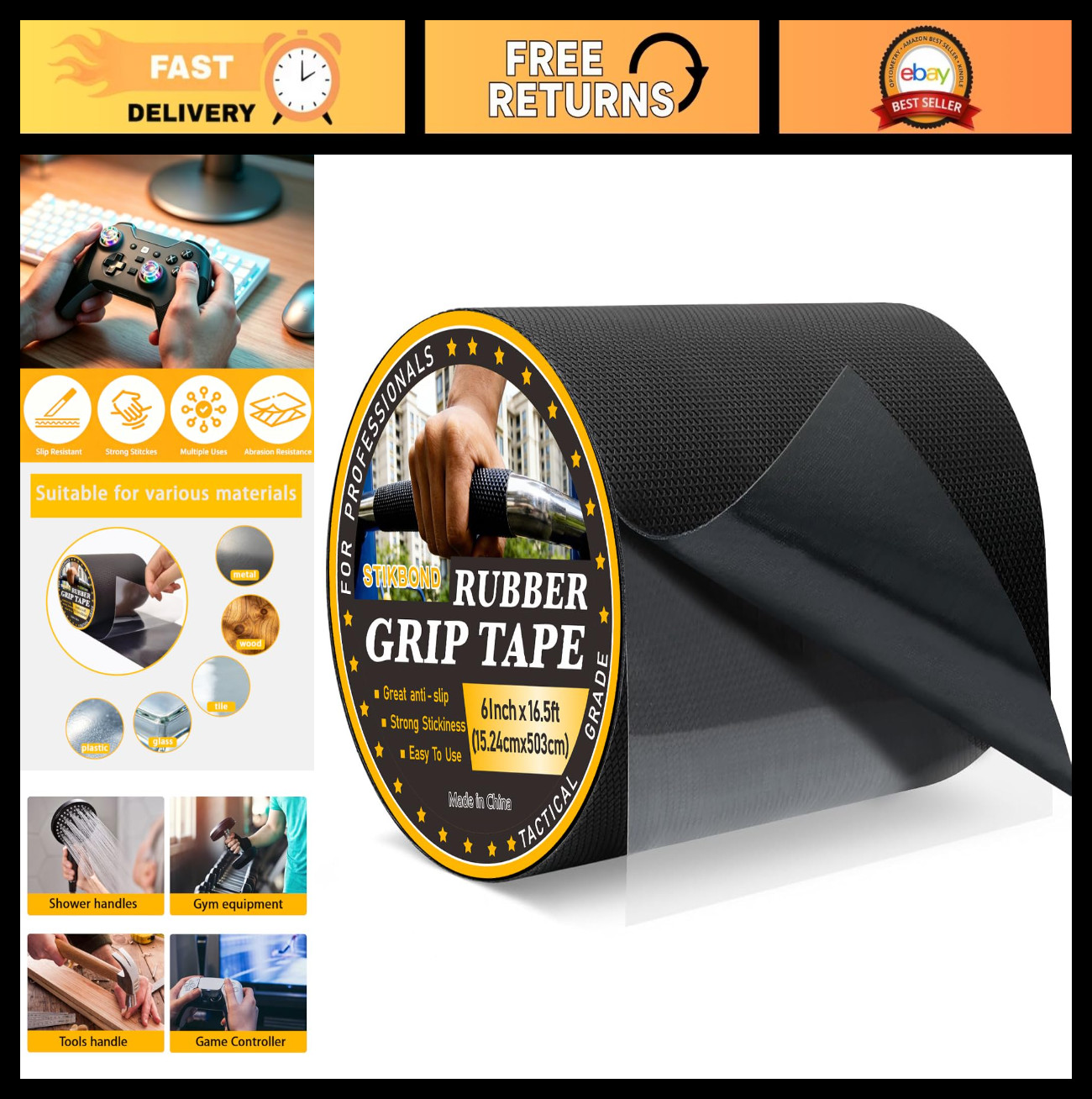 6" x 16.5ft Anti-Slip Rubber Grip Tape - High Density Safety Tape for Tools, Bik