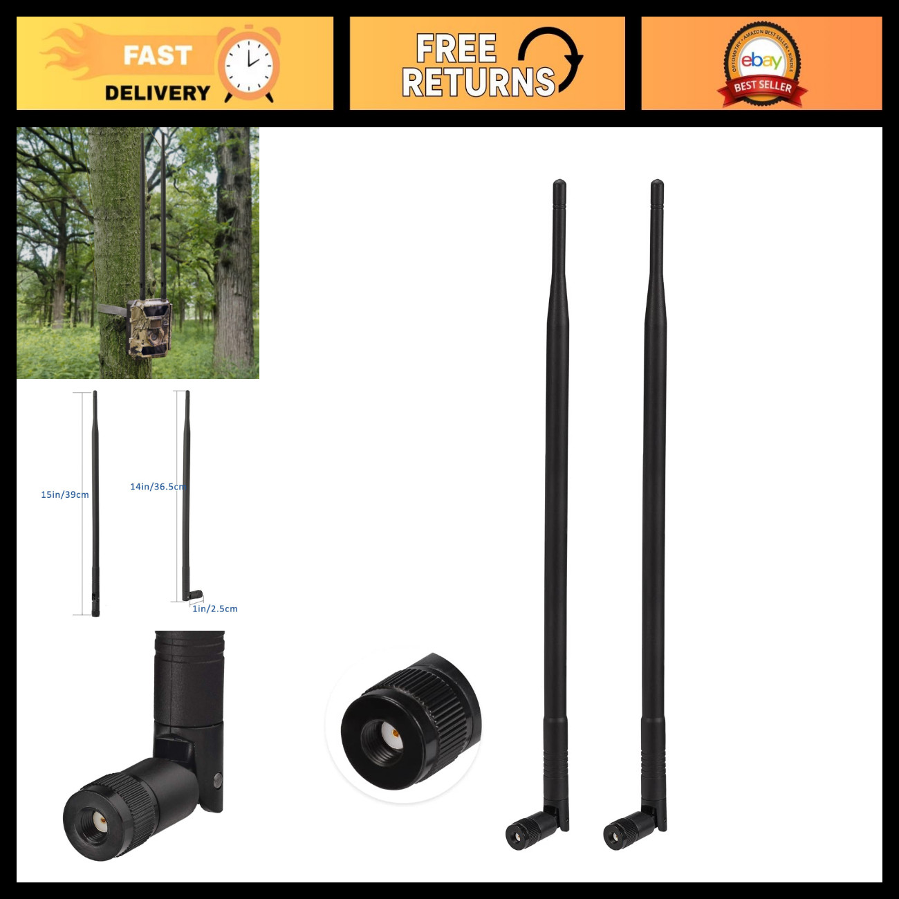 9dBi 4G LTE Antenna for Trail Cameras - RP-SMA Male Connector, 2-Pack, High Gain