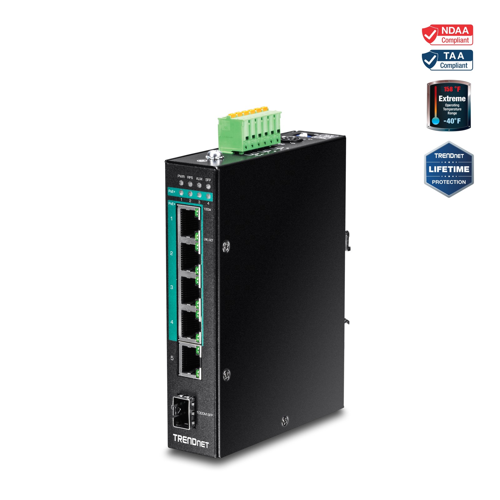 TRENDnet TI-PG541I, 6-Port Hardened Industrial Gigabit PoE+ Layer 2 Managed