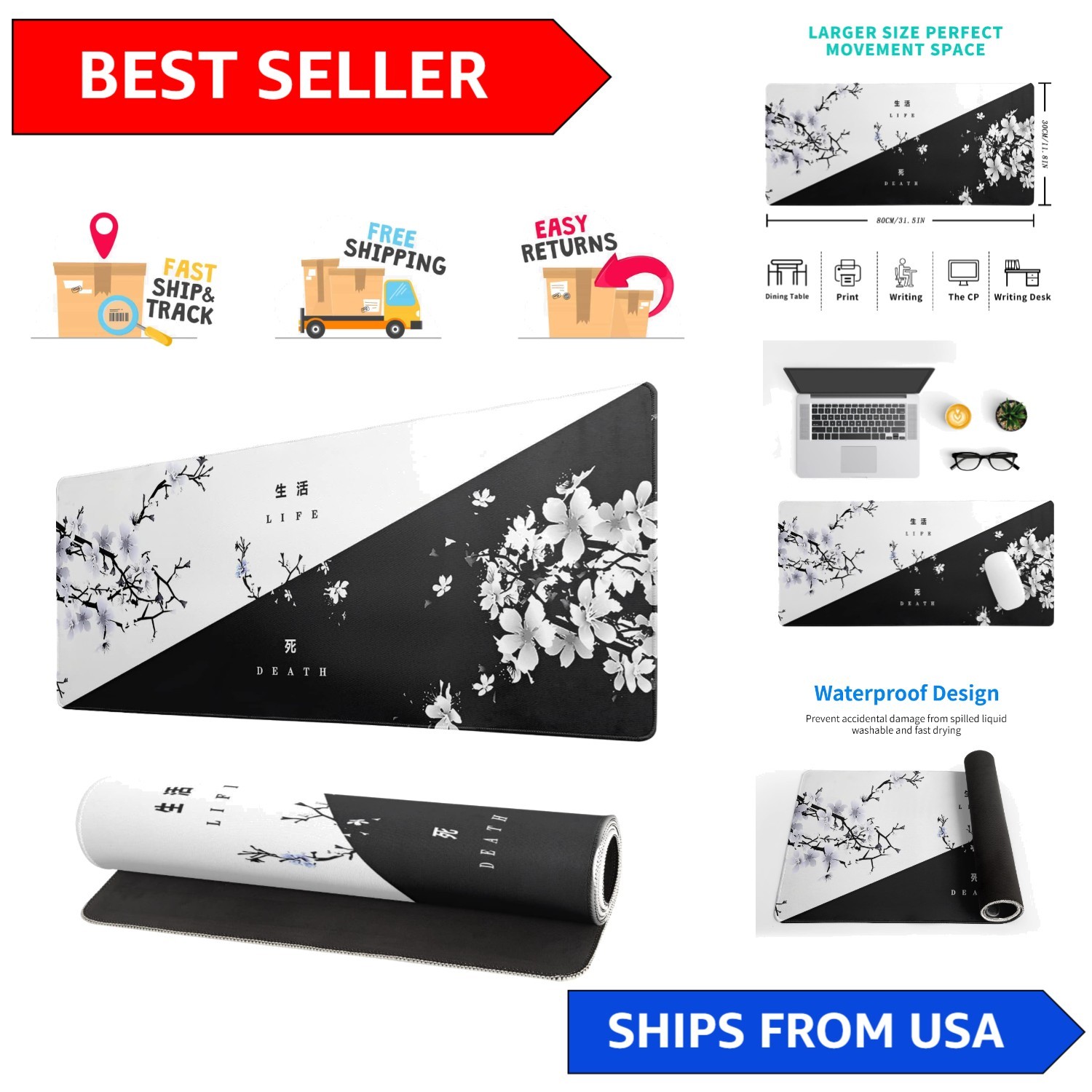 Elegant Black & White Cherry Blossom Gaming Mouse Pad - 31.5x11.8 Inches