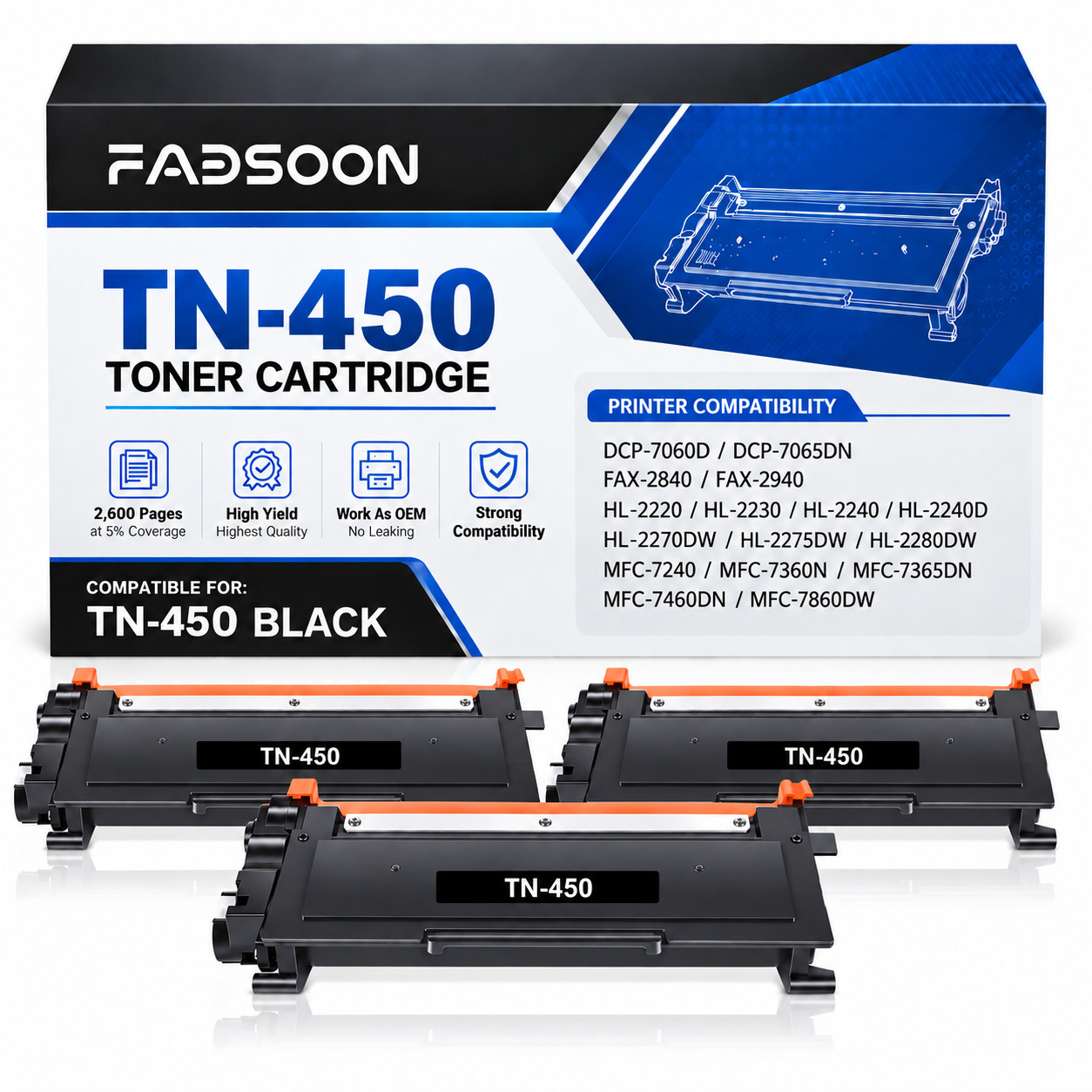 TN450 3PK BK High Yield Compatible Laser Toner Cartridge for HL-2270DW MFC-7360N