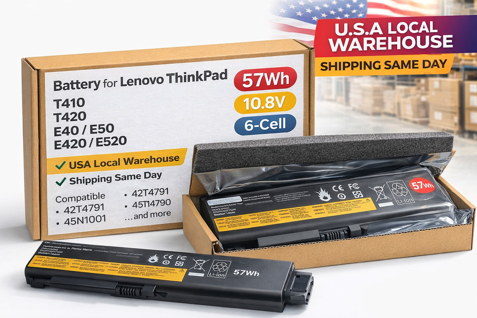 Battery for Lenovo ThinkPad T410 T420 E40 E50 42T4791 57Wh 10.8V 6-Cell Replacem