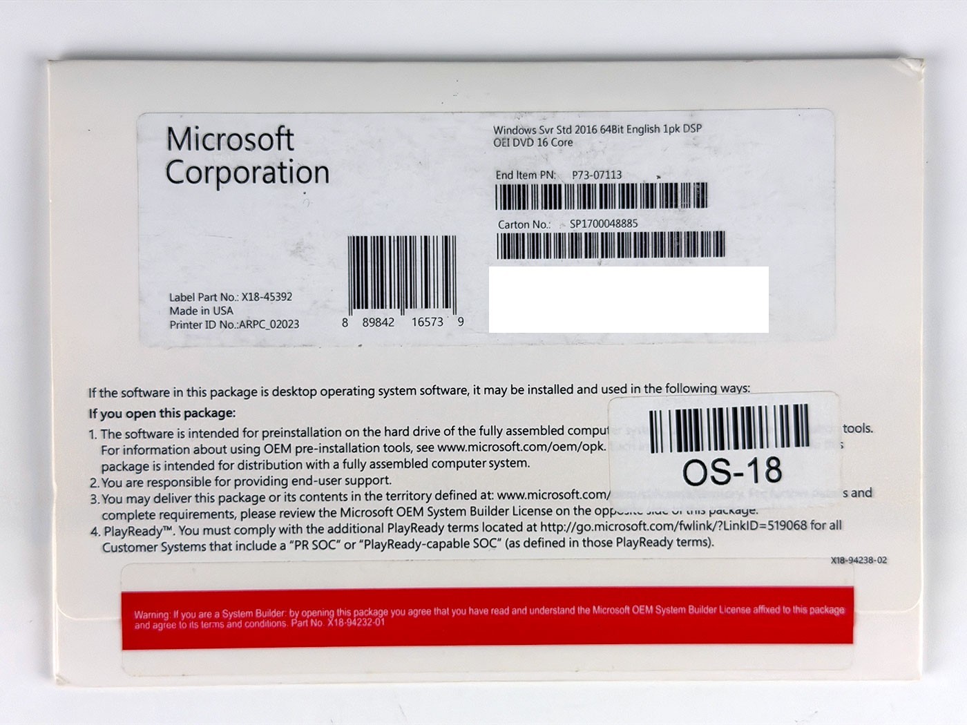 Microsoft Windows Server 2016 Standard OS 64-bit English - P73-07113
