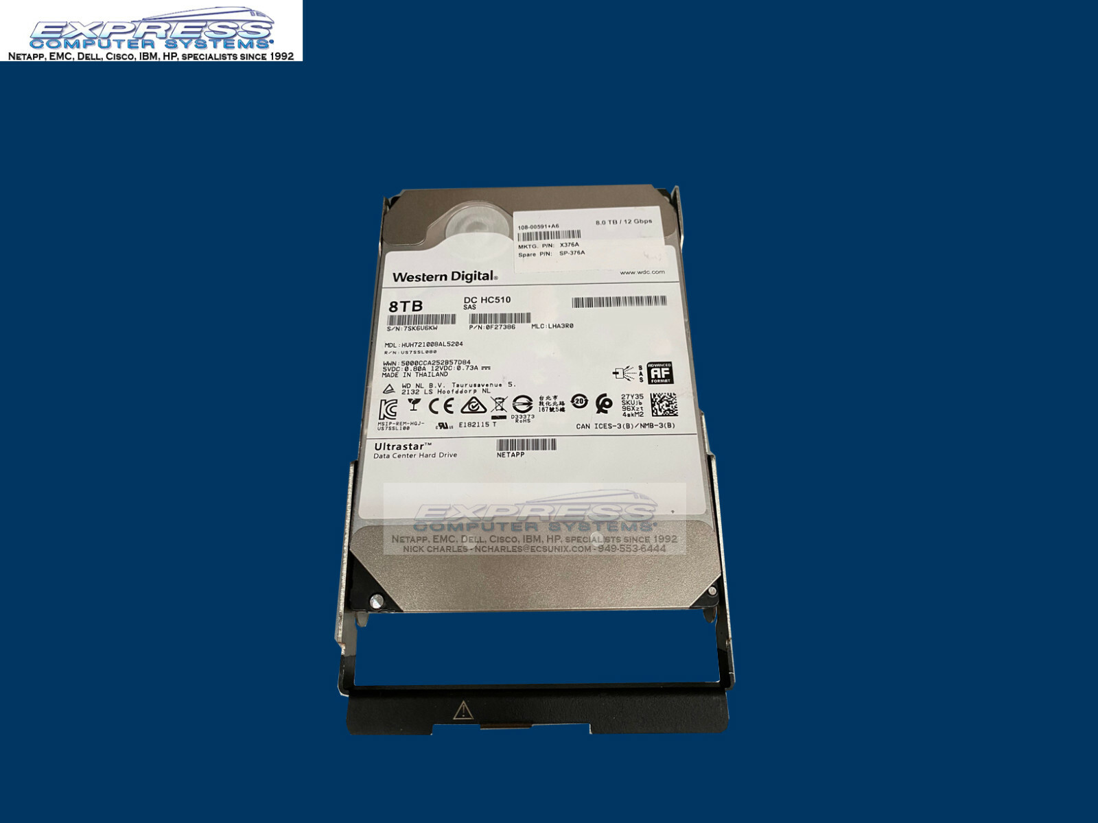 NetApp X376A 8TB 7.2k 12GBps 3.5" NL SAS HDD 108-00591 SP-376A 12G DS460C