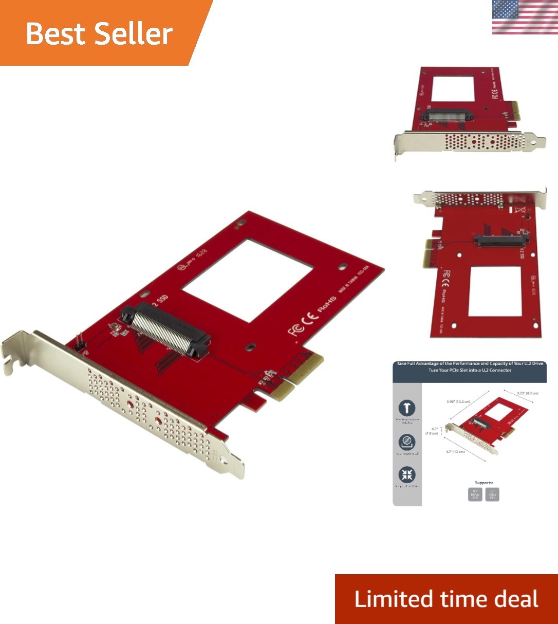 StarTech U.2 to PCIe 4.0 x4 Adapter for 2.5in U.2 NVMe SSD, SFF-8639, TAA
