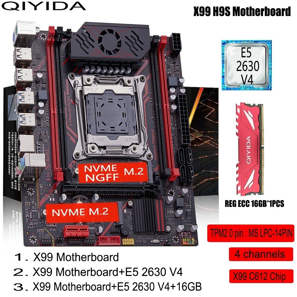 QIYIDA X99 Motherboard Combo LGA2011-3 Xeon E5 2630 V4 DDR4 16GB M.2 NVMe SATA3