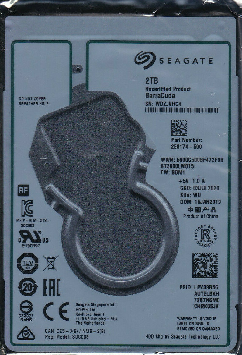 ST2000LM015 p/n: 2E8174-500 f/w: SDM1 s/n: WDZ WU JAN 2019 2TB SATA 2.5" Seagate