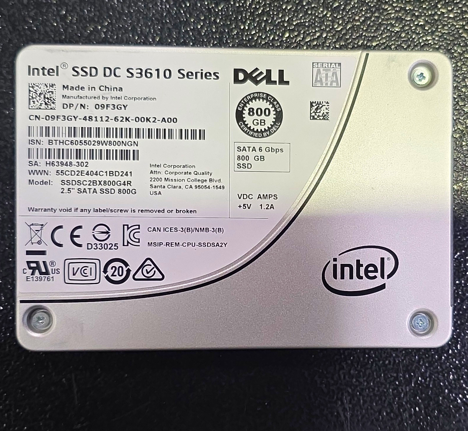 Dell Intel SSD DC S3610 Series 800GB 2.5in SATA III Internal SSD 09F3GY
