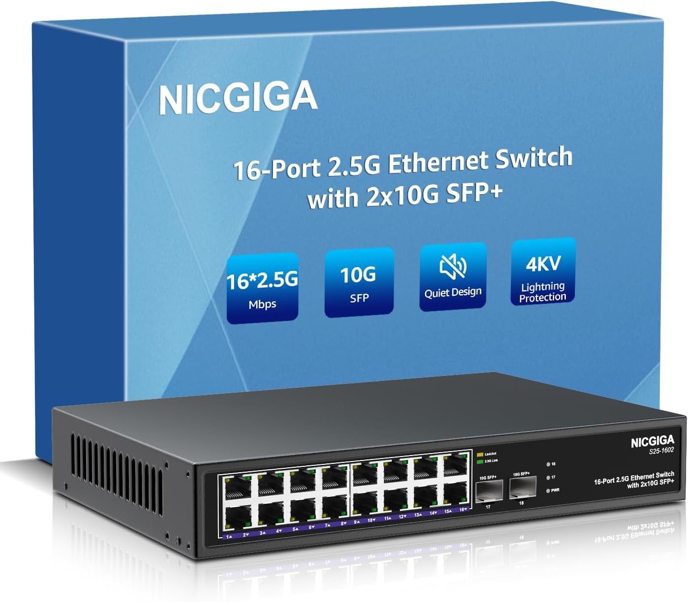 16 Port 2.5G ➕ 2 10G SFP+ Ethernet Switch, NICGIGA 18 2.5Gb Black 