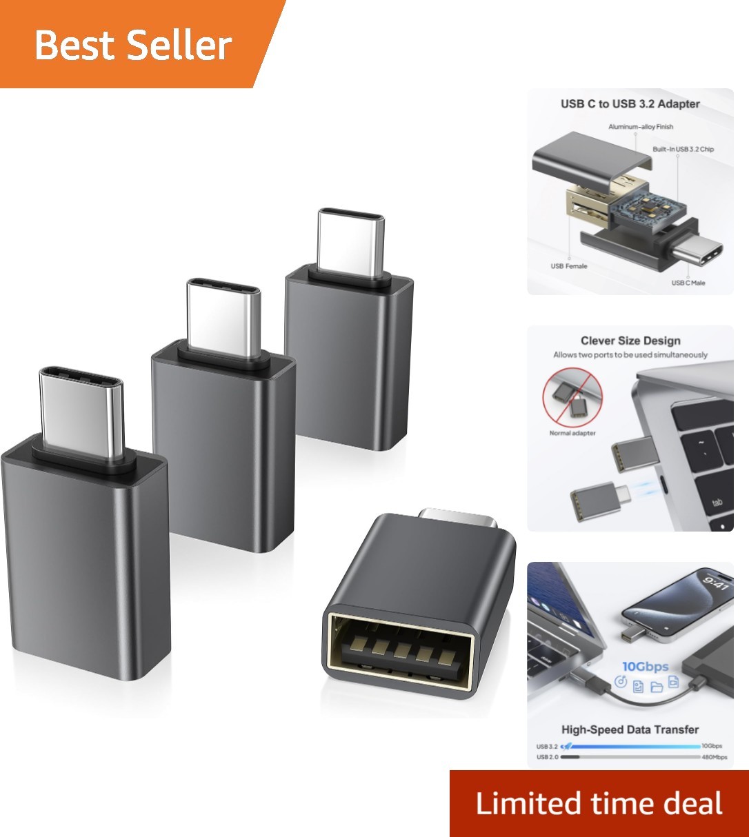 Thunderbolt 5 USB C to USB A Converters – Compact 4-Pack for Quick Data Transfer
