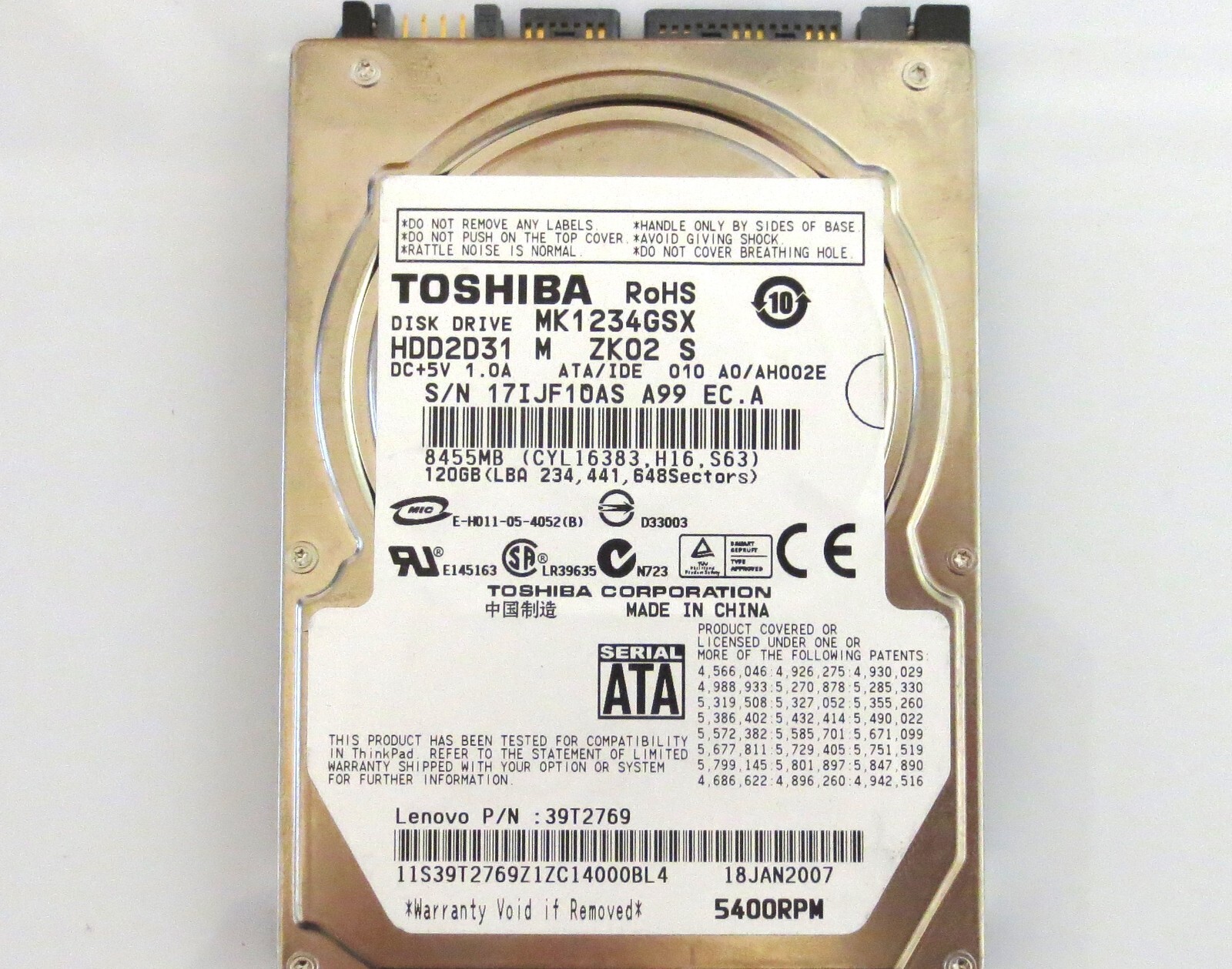 Toshiba MK1234GSX HDD2D31 M ZK02 S 010 A0/AH002E China 120gb Sata 2.5" 2007