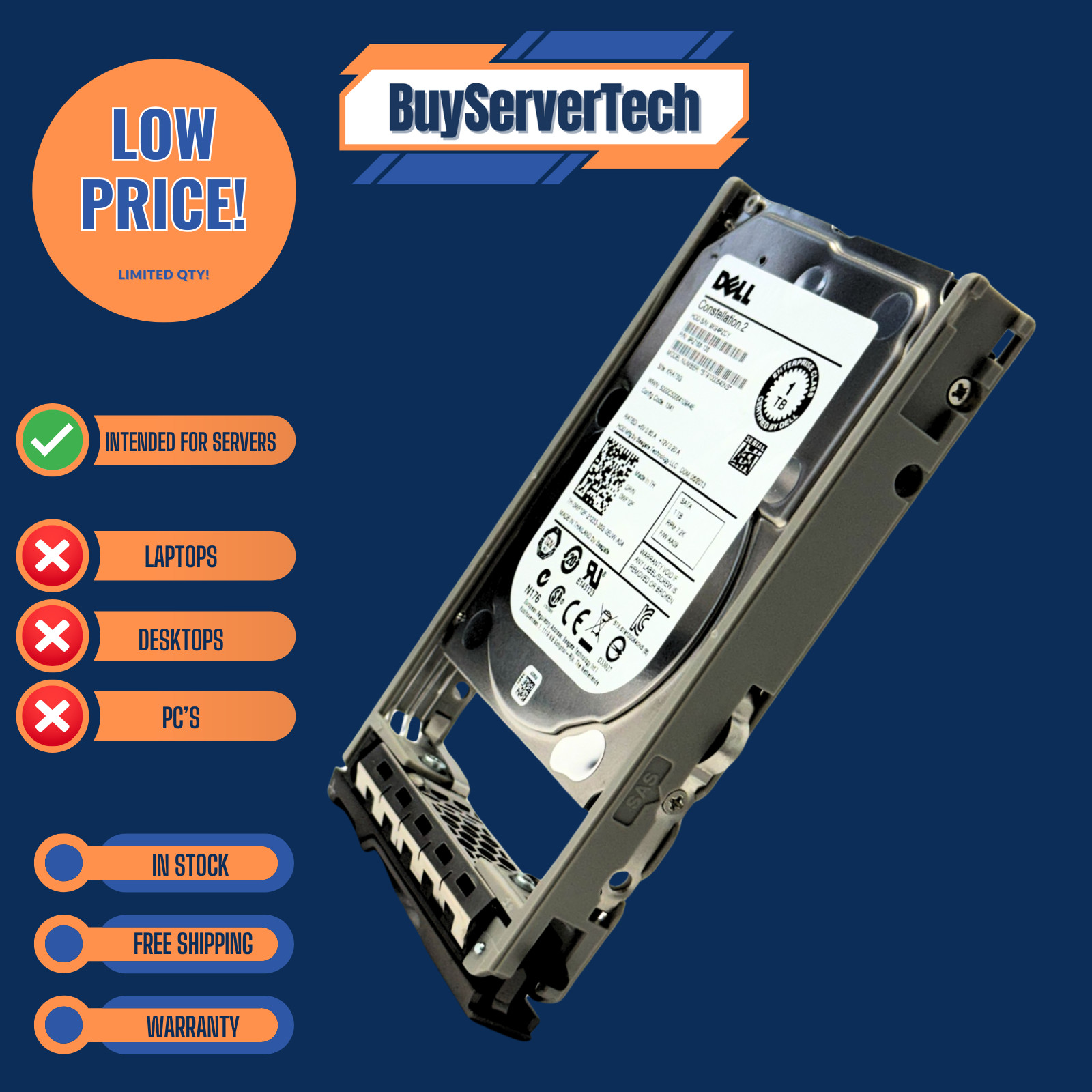 Dell 0WF12F 1TB 7200RPM SATA 2.5" 6Gb/s HDD R610 R620 R630 R710 R720 R730 New