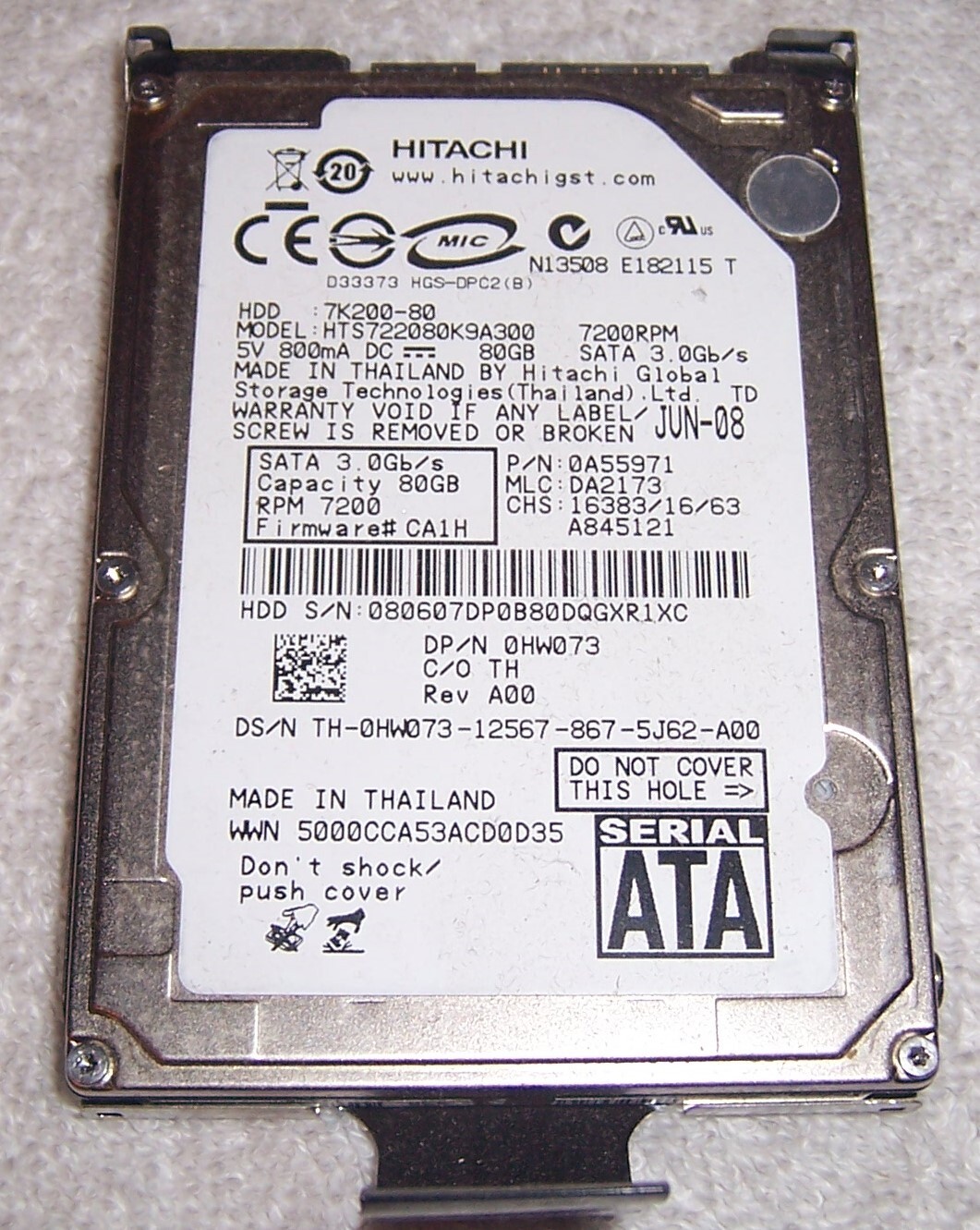 HITACHI 80Gb 2.5" HARD DRIVE 7K200-80 HTS722080K9A300 3.0Gb/s 7200rpm