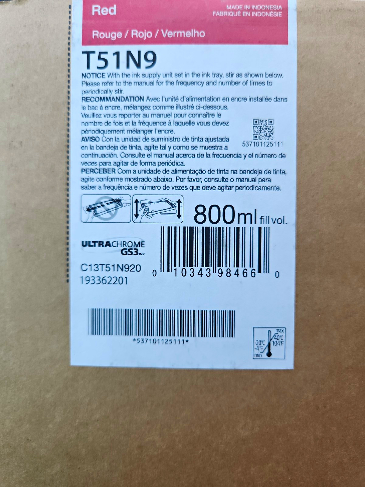 Epson UltraChrome GS3 Ink Red T51N9 C13T51N920 800ml Genuine/Original