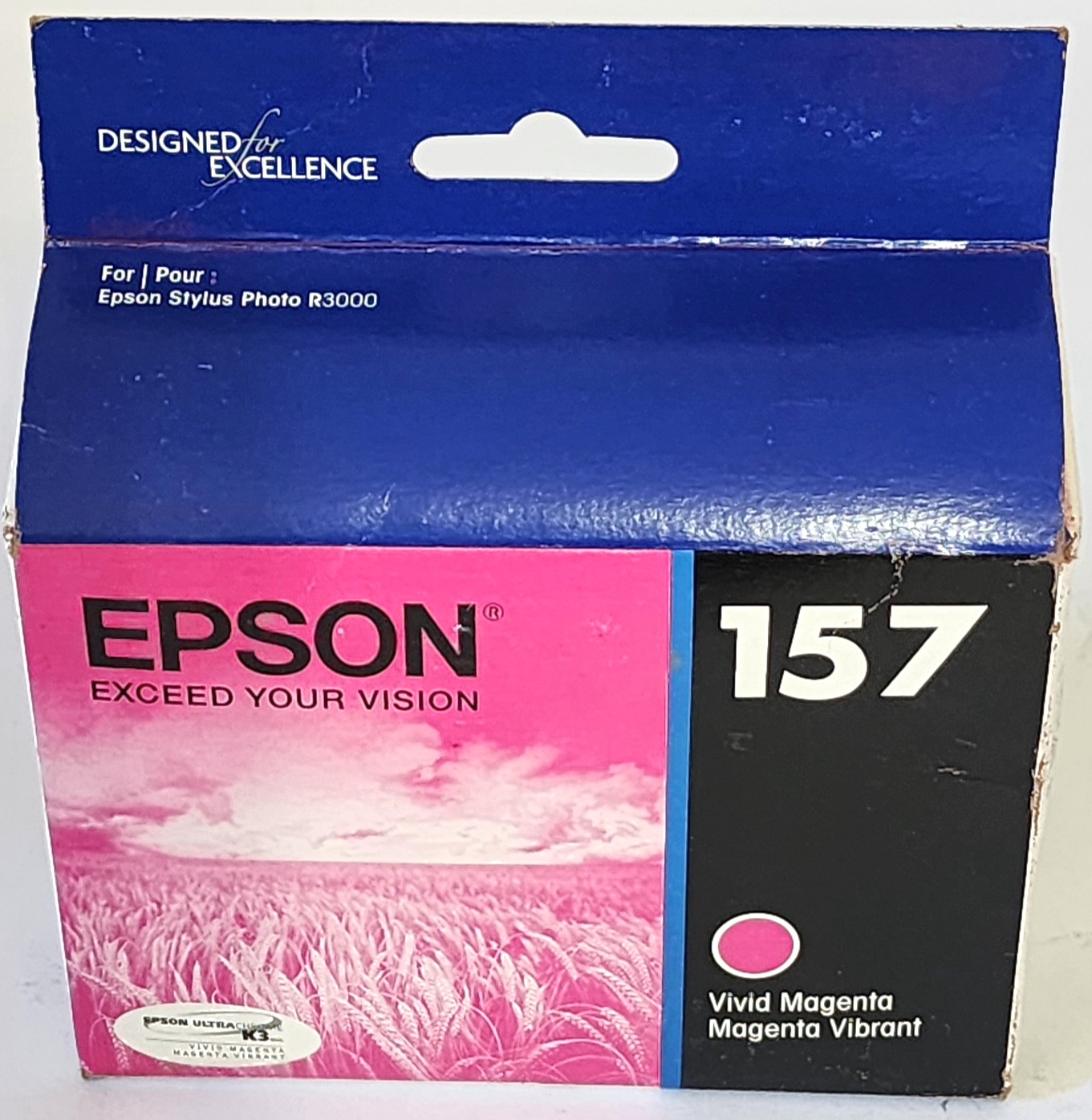 Epson 157 Vivid Magenta Ink Cartridge T157320 R3000 Genuine Sealed Box 2023 EXP
