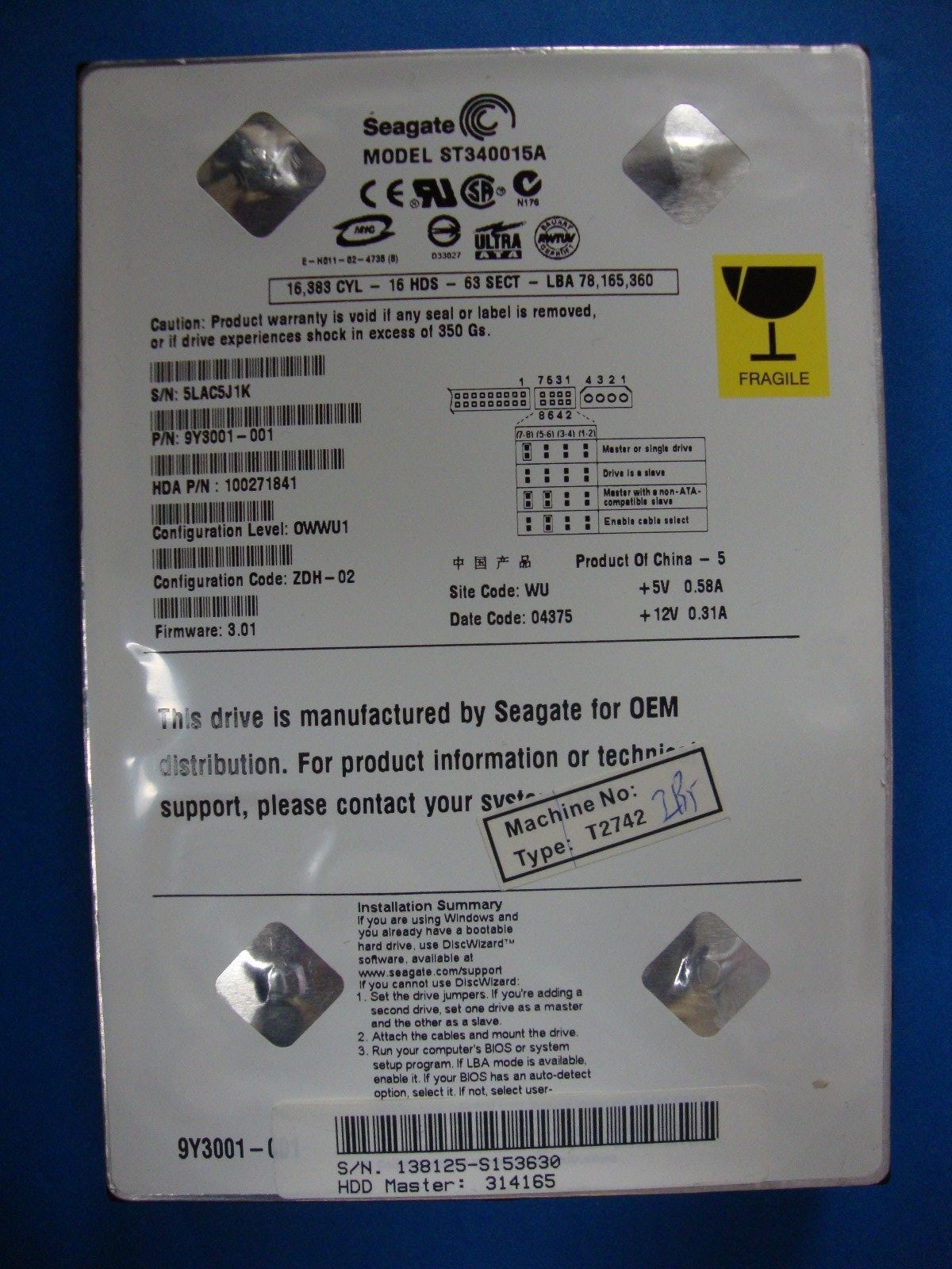 Seagate 9Y3001-001 ST340015A 40GB Hard Drive P/N 100271841 0WWU1 ZDH-02 FW 3.01