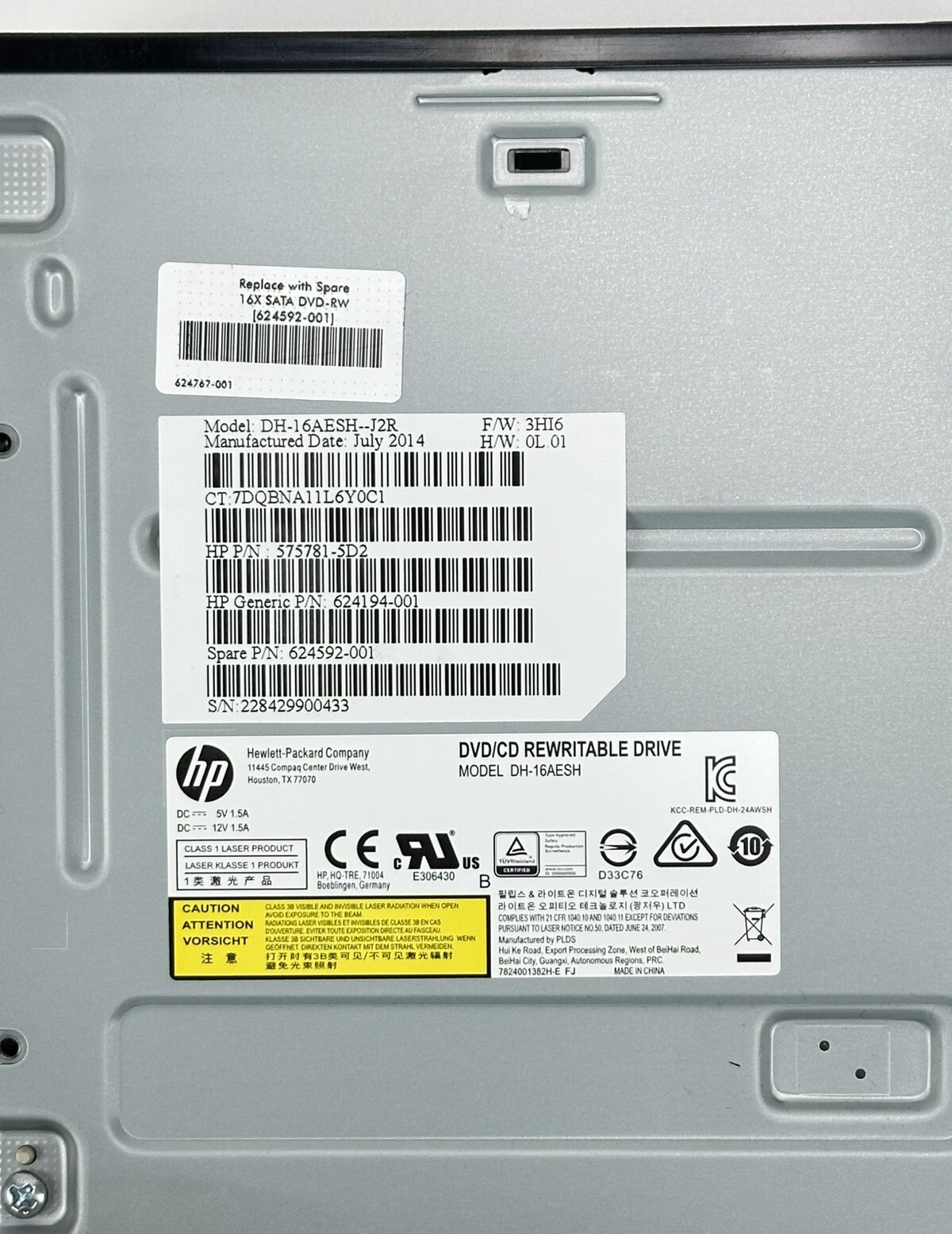 HP 624592-001 16x SATA CD/DVD-RW Drive DH-16AESH--J2R