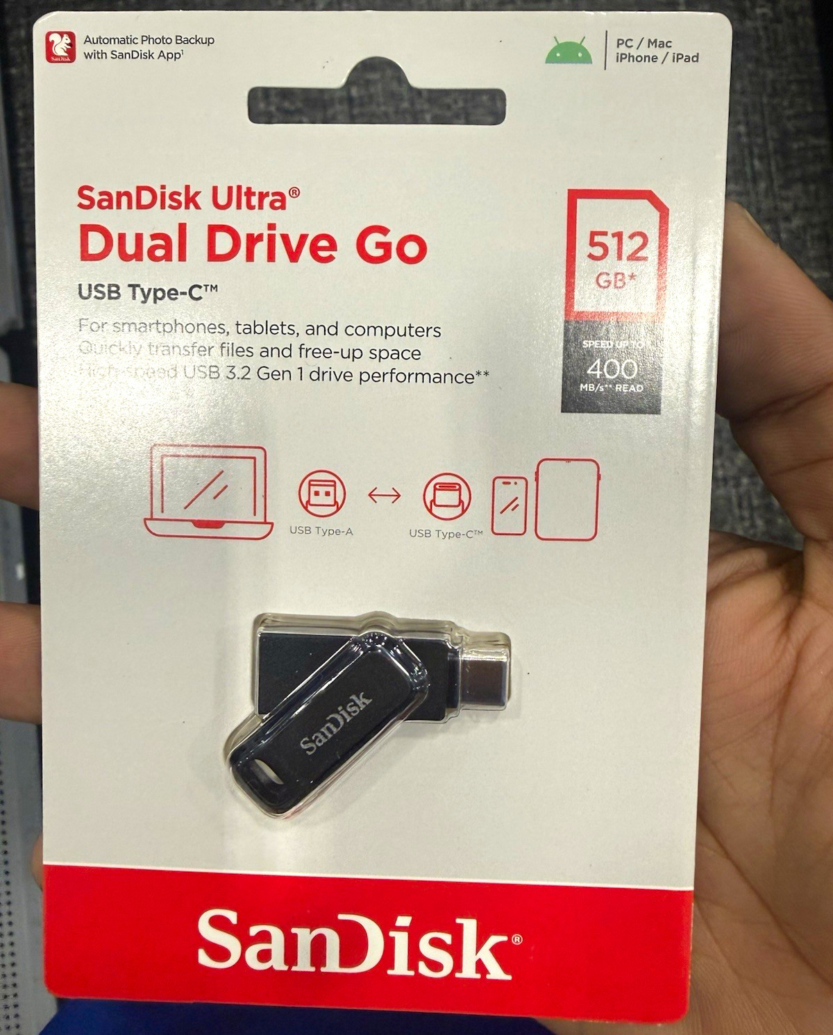 SanDisk Ultra Dual Drive Go 512GB USB-A/USB-C Flash Drive 400MB/s Black