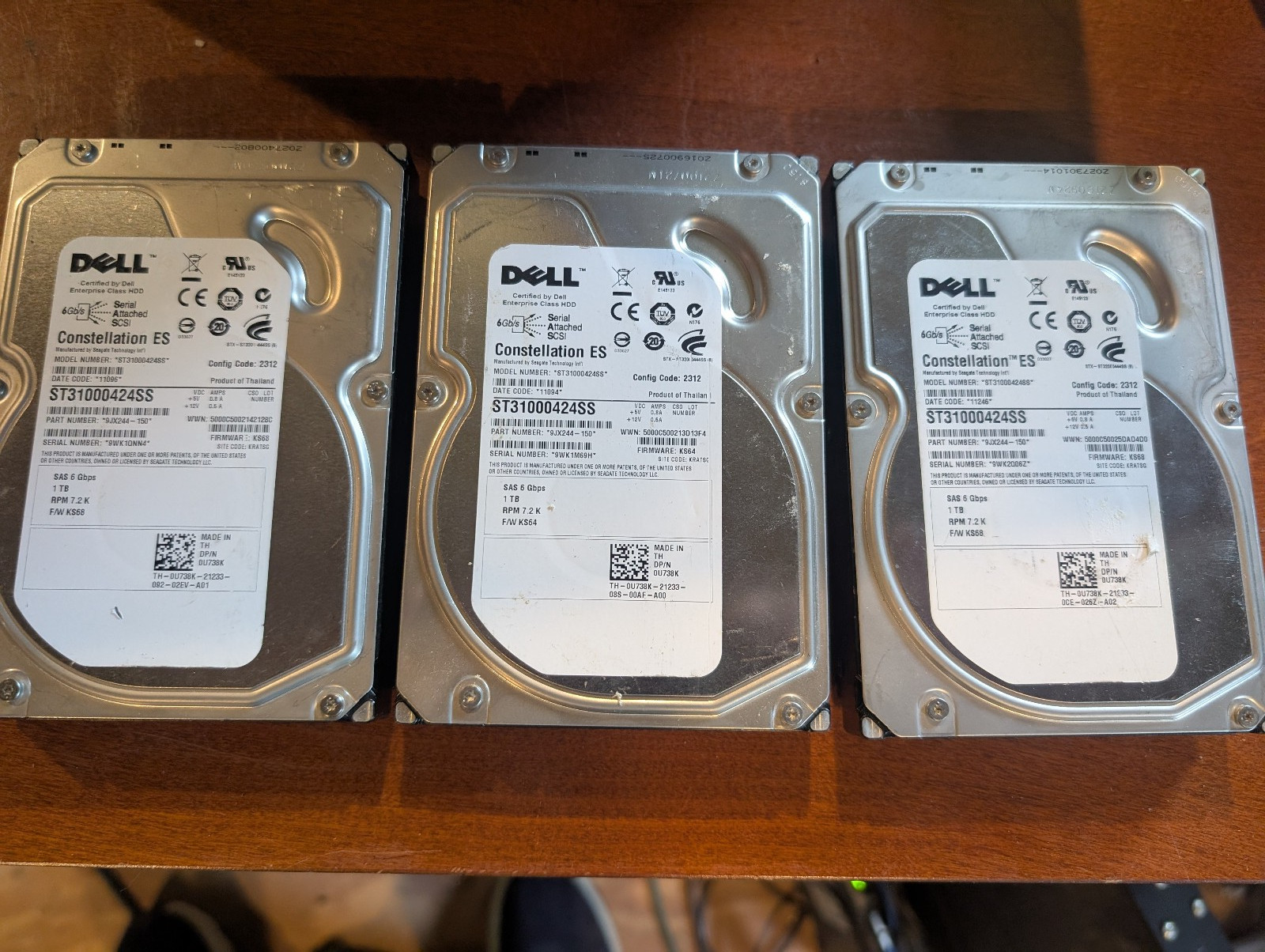 Lot of 3 x Dell Constellation ES ST31000424SS 9JX244-150 1 TB SAS RPM 72.k HD