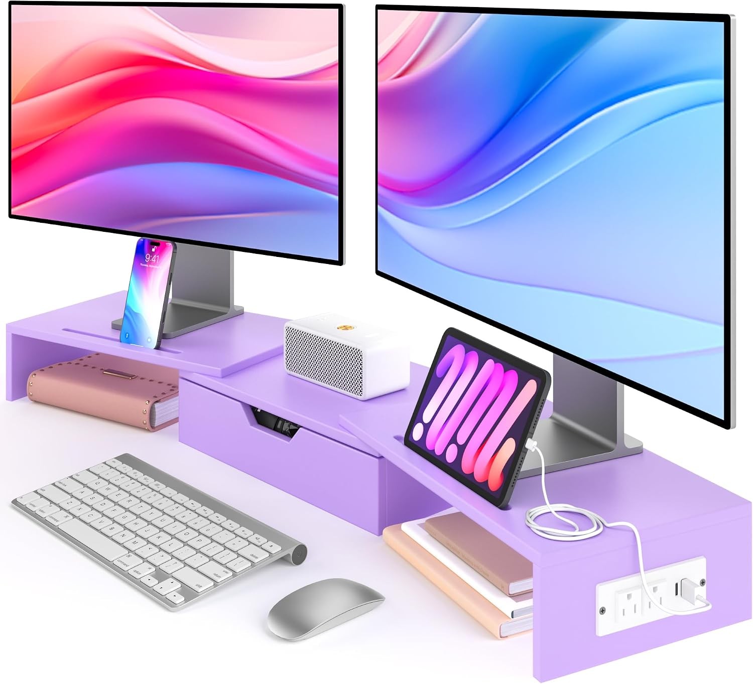 Dual Monitor Stand with USB Ports,Wood Computer Monitor Stand with Drawer,Adj...
