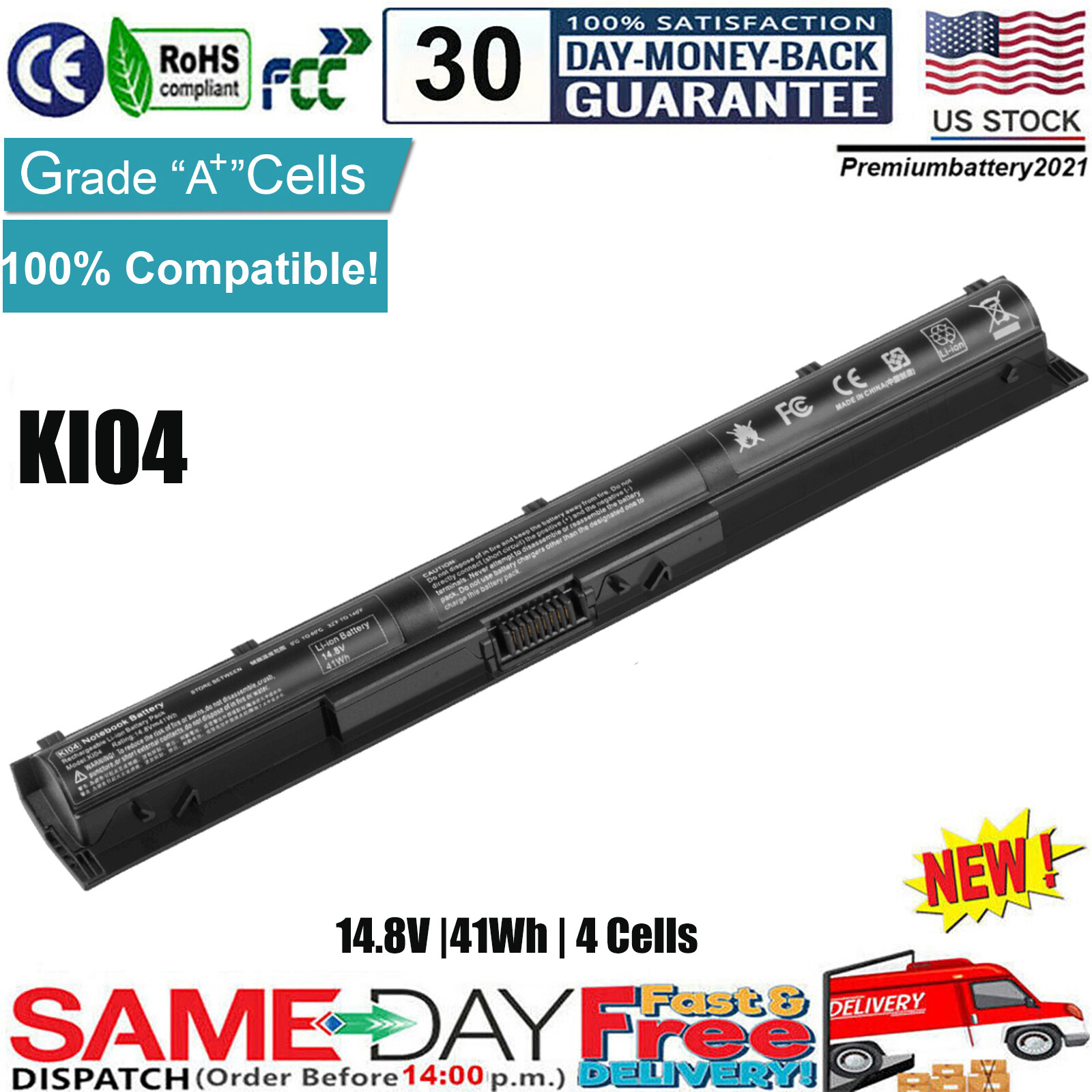 KI04 K104 Spare Battery for HP Pavilion 14 15 17 800009-421 800049-001 41Wh