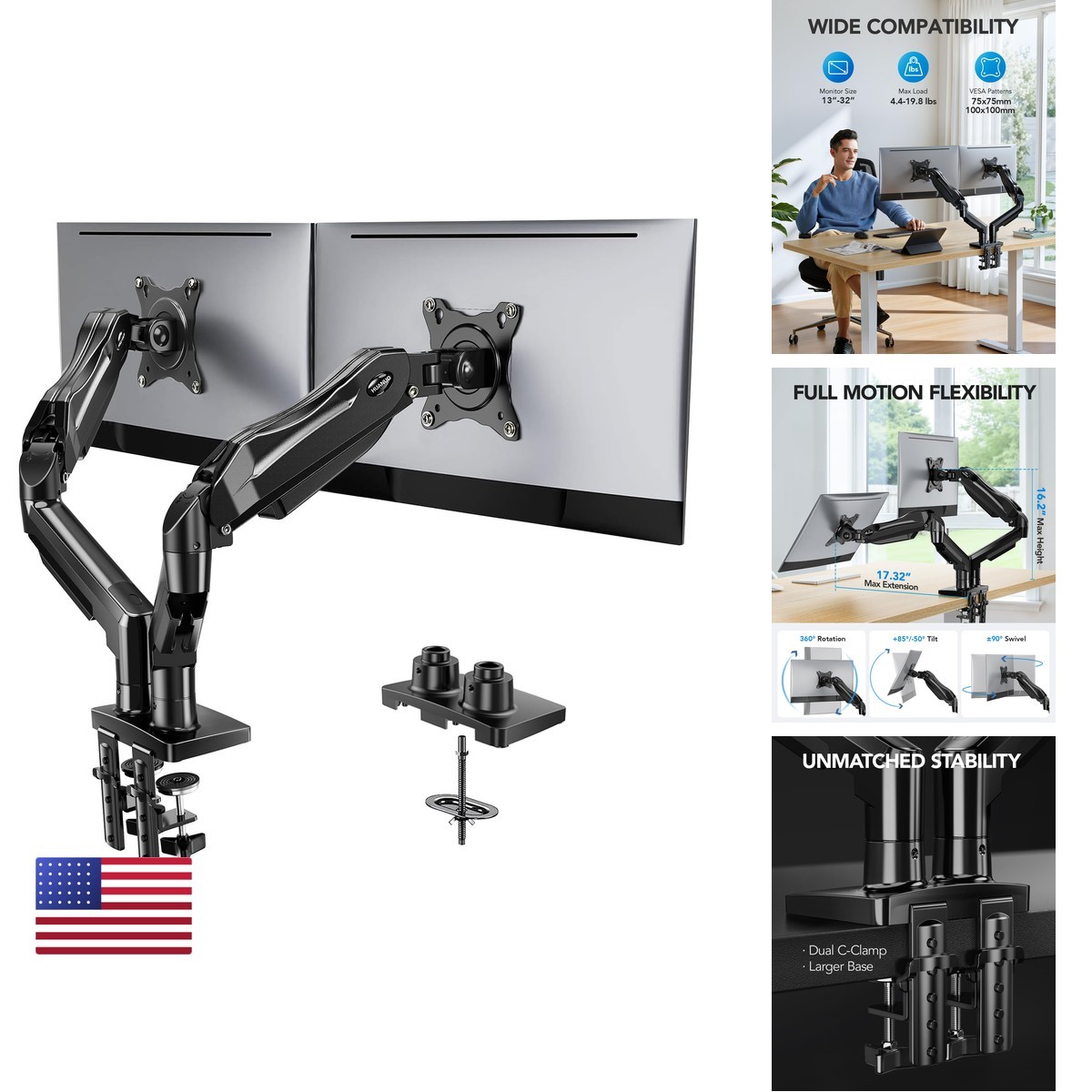HUANUO HNDS6 FlowLift Dual Monitor Stand Desk Mount C-Clamp Grommet for 13-32"