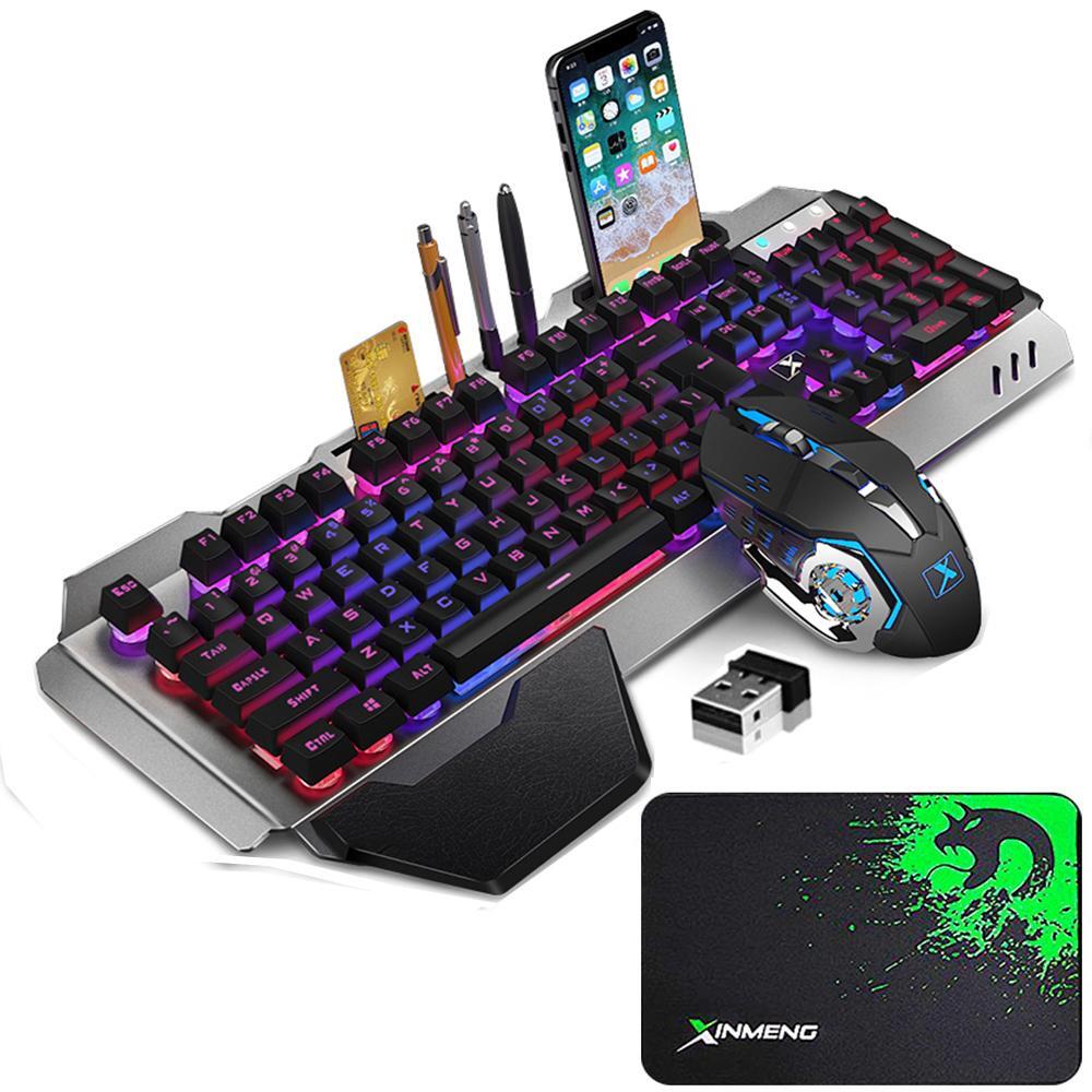 Wireless Gaming Keyboard and Mouse with Rainbow Backlit Rechargeable Metal Panel