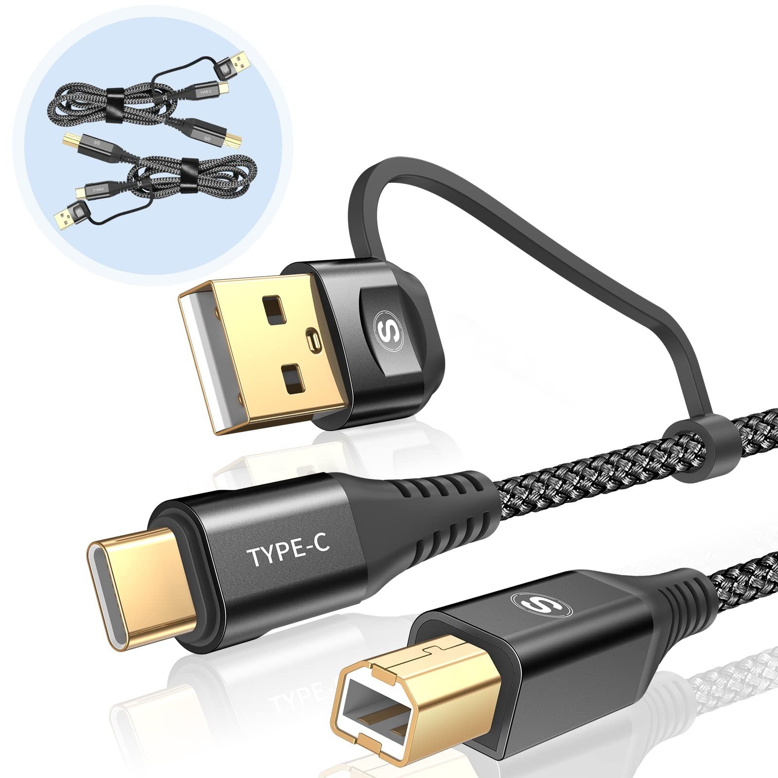 High-Speed 2-in-1 USB-A/C to USB-B Printer Cable 6.6ft Braided 2-Pack for HP, Ca