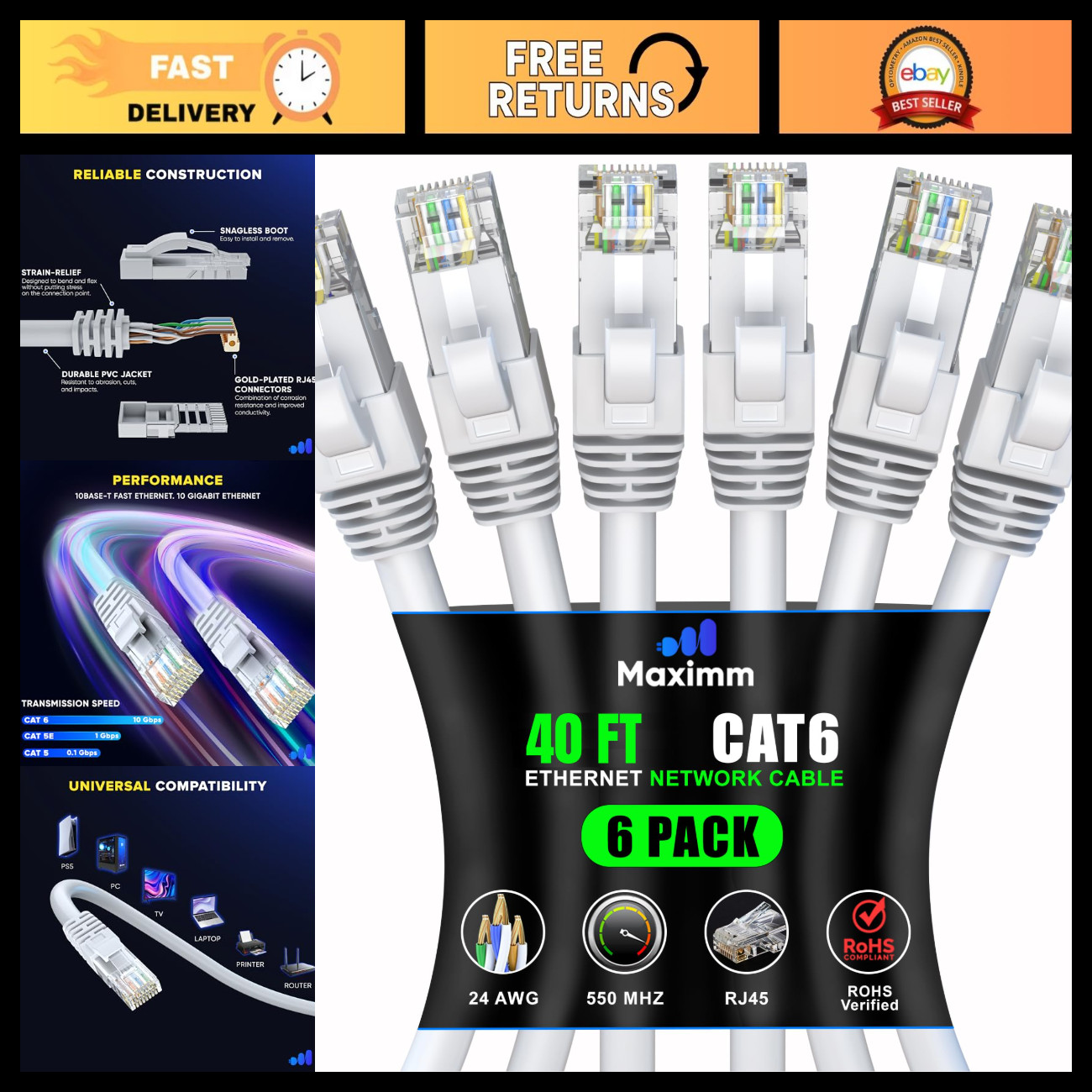 40 Ft Cat6 Ethernet Cable 10 Gbps 550 MHz - High-Speed Network Cable, 6 Pack