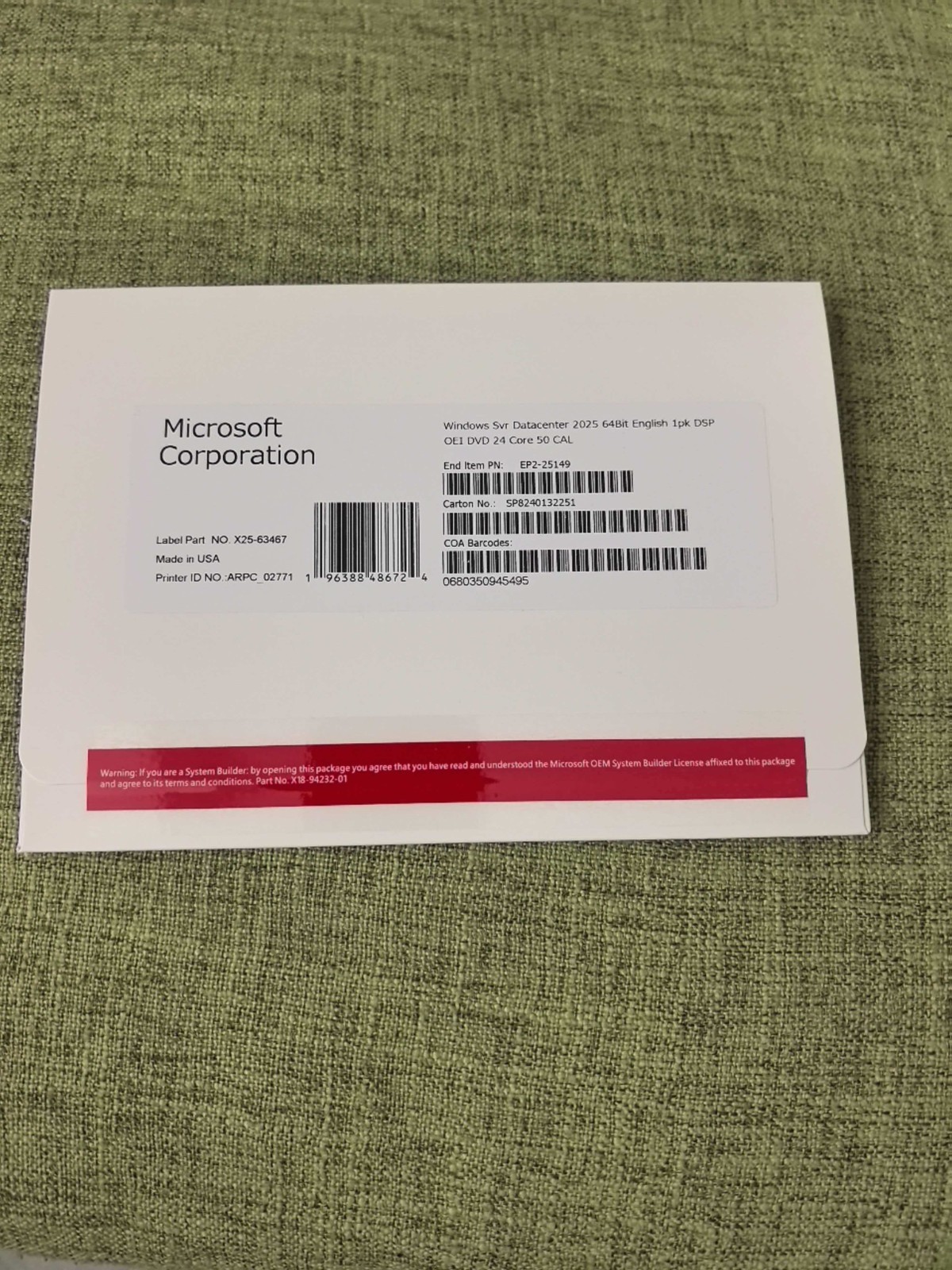 Windows Server 2025 Datacenter-New Sealed DVD and Product Key - 24 Core 50 Cals