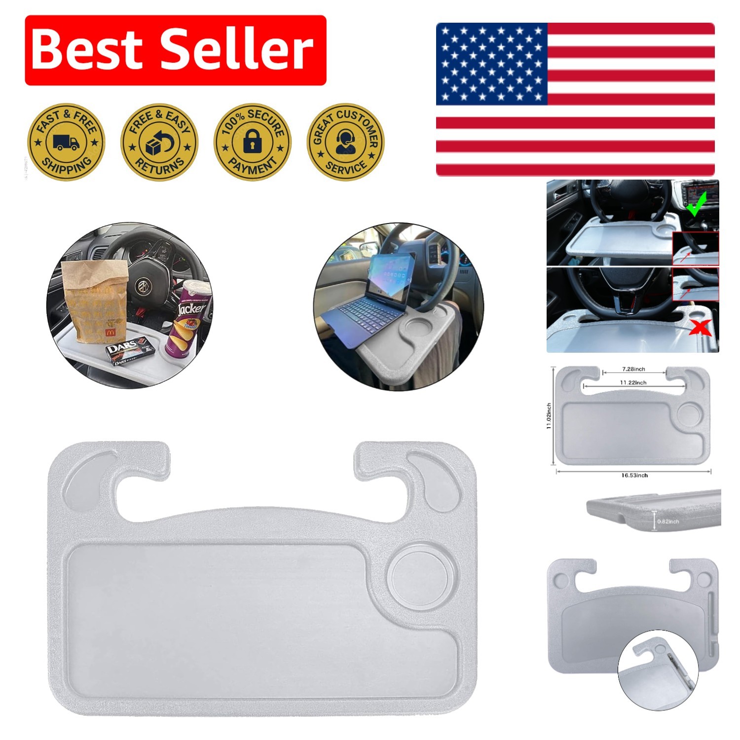 Compact and Sturdy Car Steering Wheel Tray - Perfect for Eating & Working