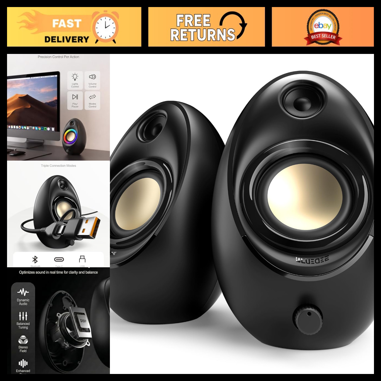 20W Bluetooth Computer Speakers for Desktop PC, USB & USB-C, High-Quality Sound