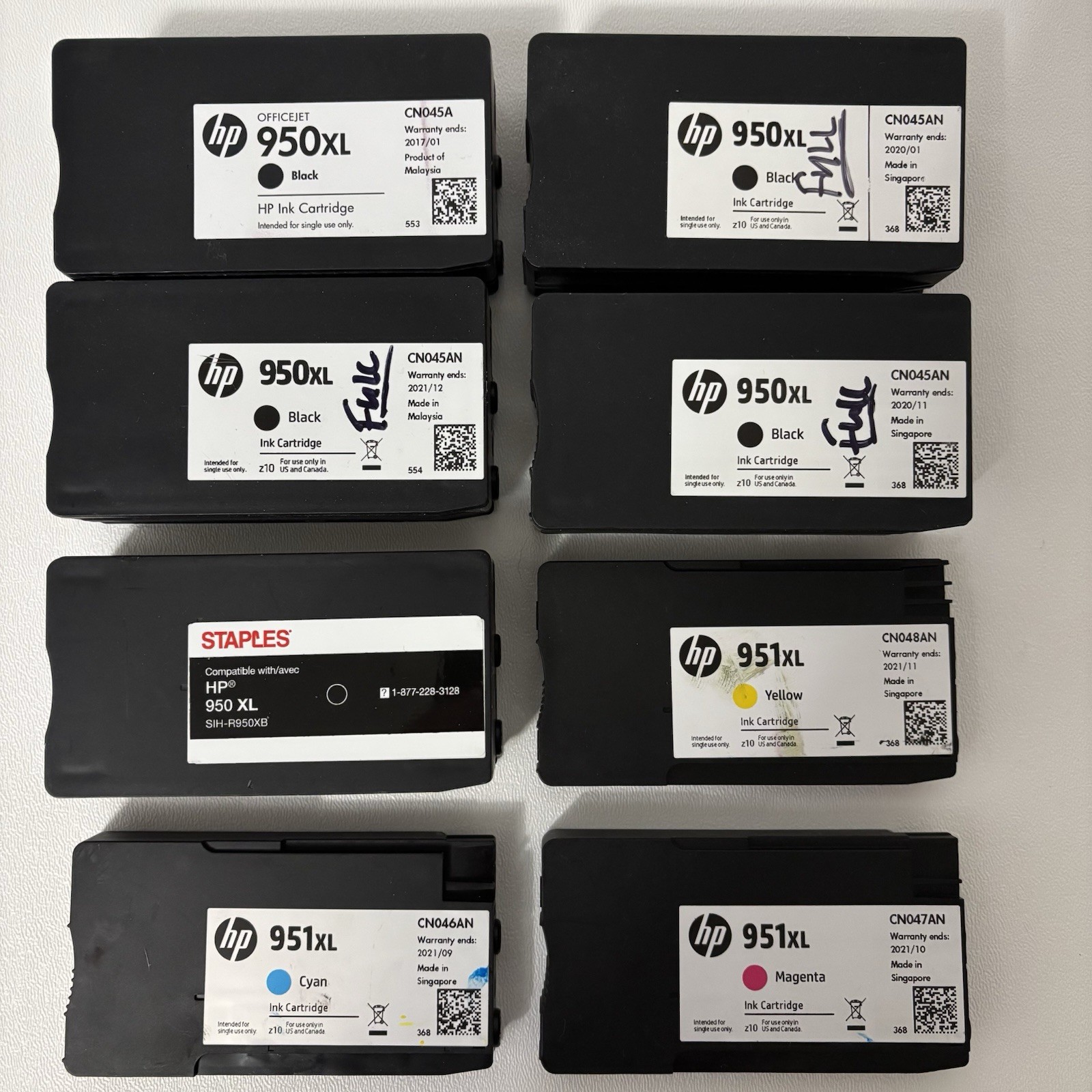 Qty 8 HP 950XL Ink Cartridges 4 New Blk, 1 Used Blk, 1 EA Used Yel,Cyan,Magenta