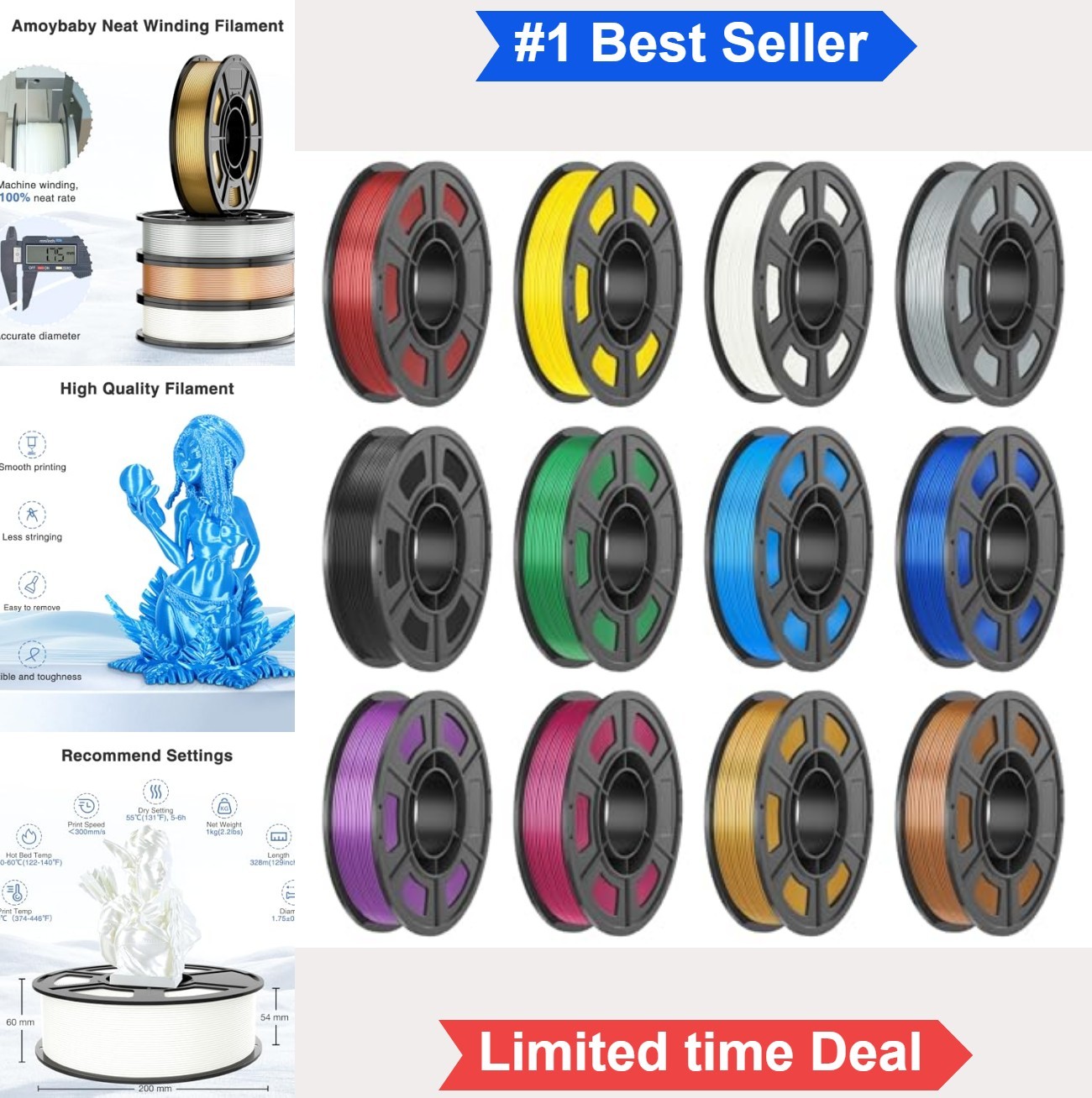 3D Printer Filament Bundle Silk PLA 1.75mm 12 Colors 250g Each 3kg For FDM
