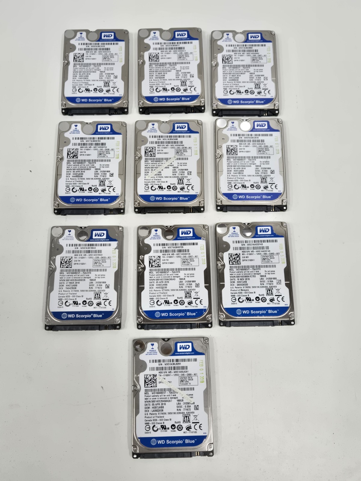 Lot of 10 Western Digital  WD1600BEVT-75A23T0  160GB Hard Drives